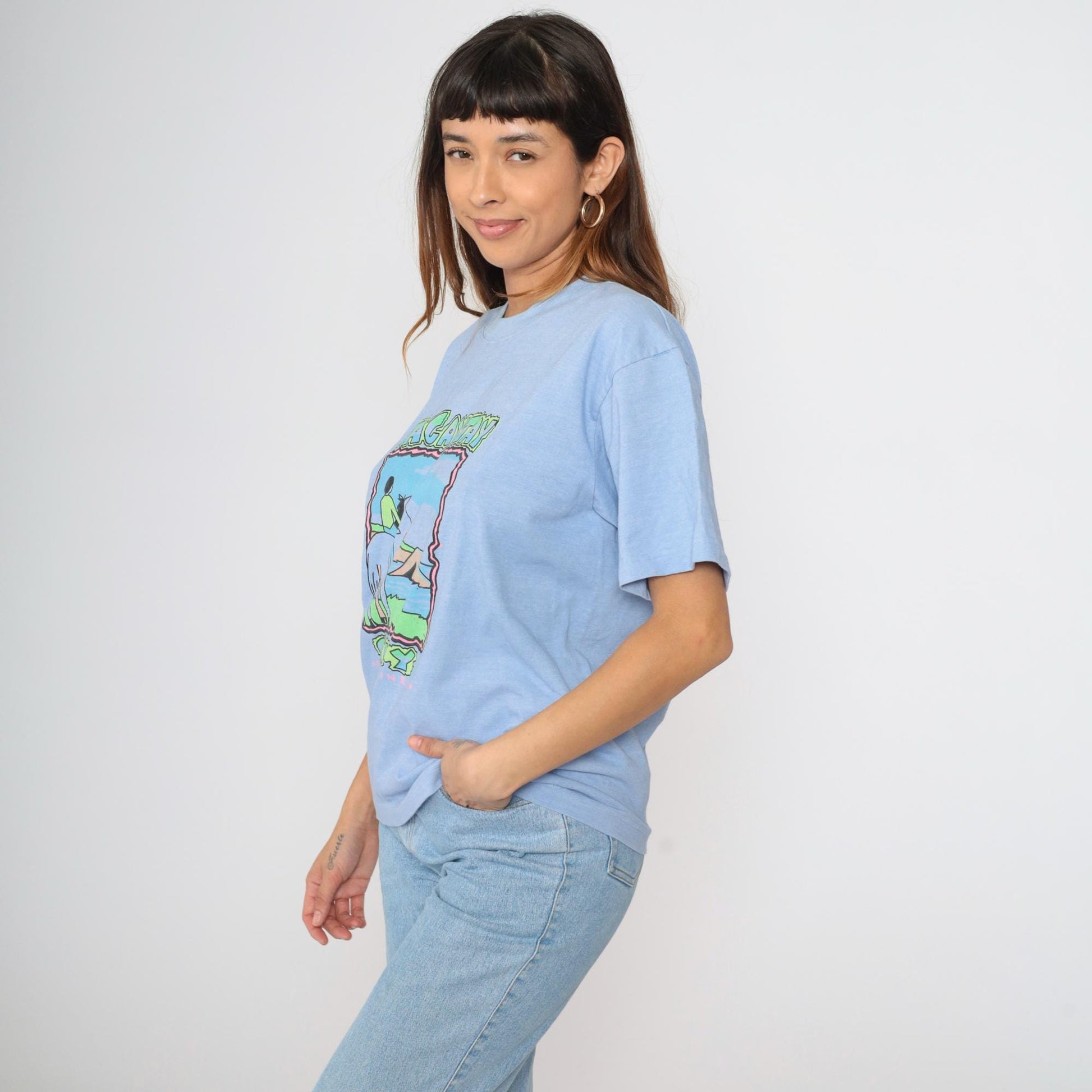 Y2K Tagaytay Philippines Neon Graphic Horse T-Shirt Blue Tee Medium
