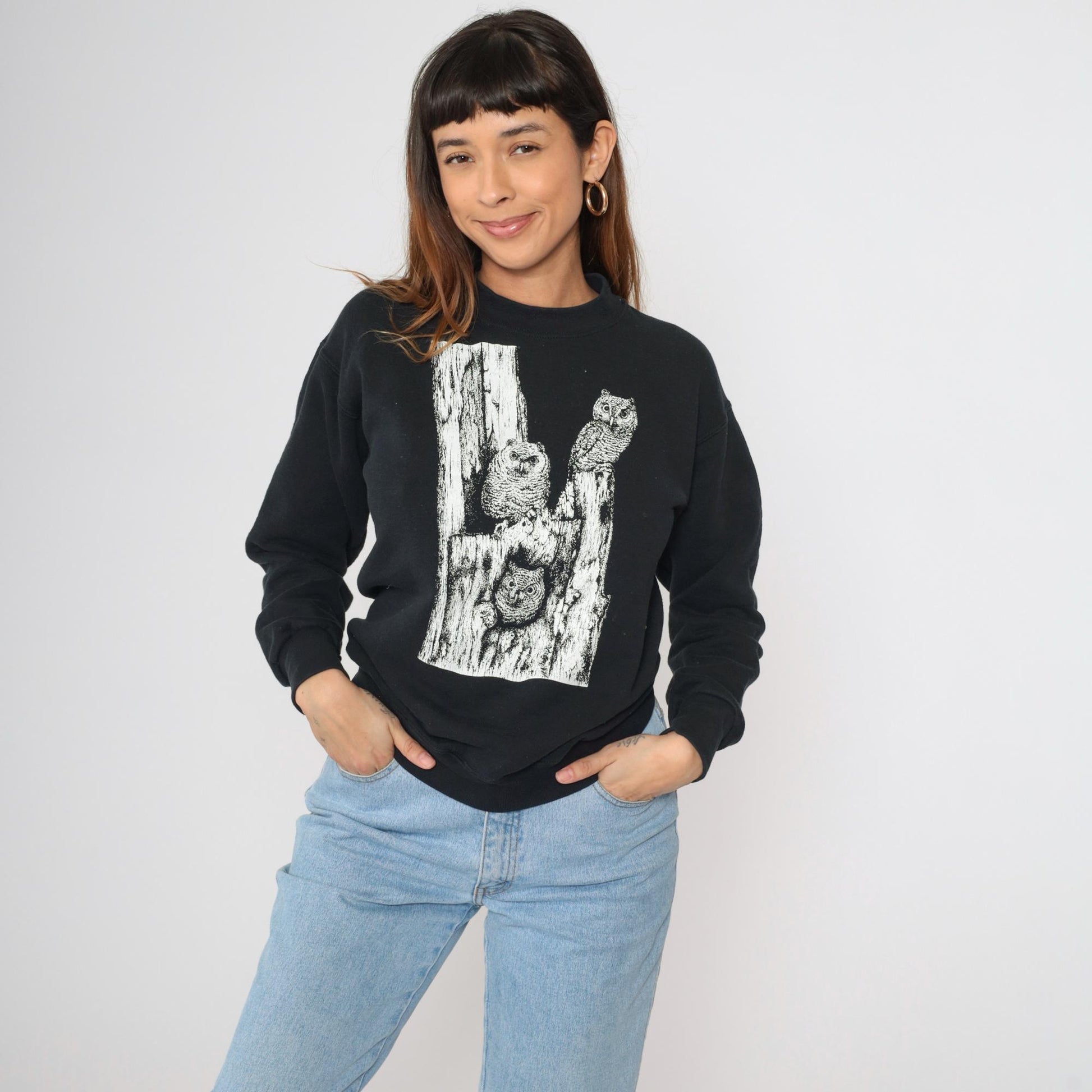 Y2K Woodland Dunes Nature Center Owl Sweatshirt Black Graphic Pullover Small