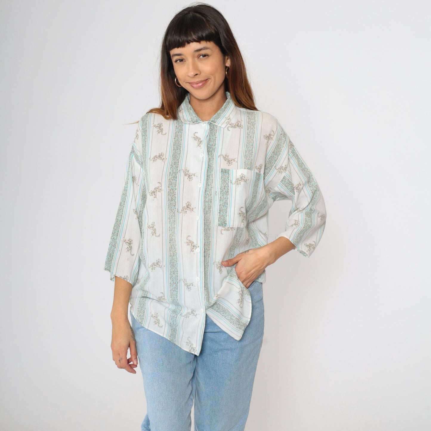 80s Leopard Striped Button-Up Blouse White Blue 3/4 Sleeve Large
