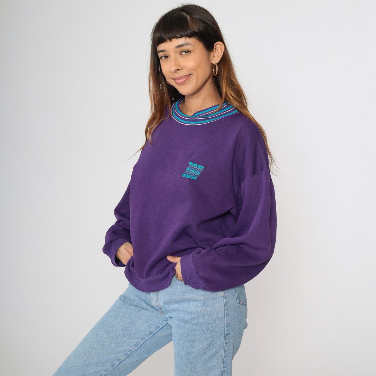 90s I.O.U. Spellout Sweatshirt Purple Striped Collar Graphic Pullover Large