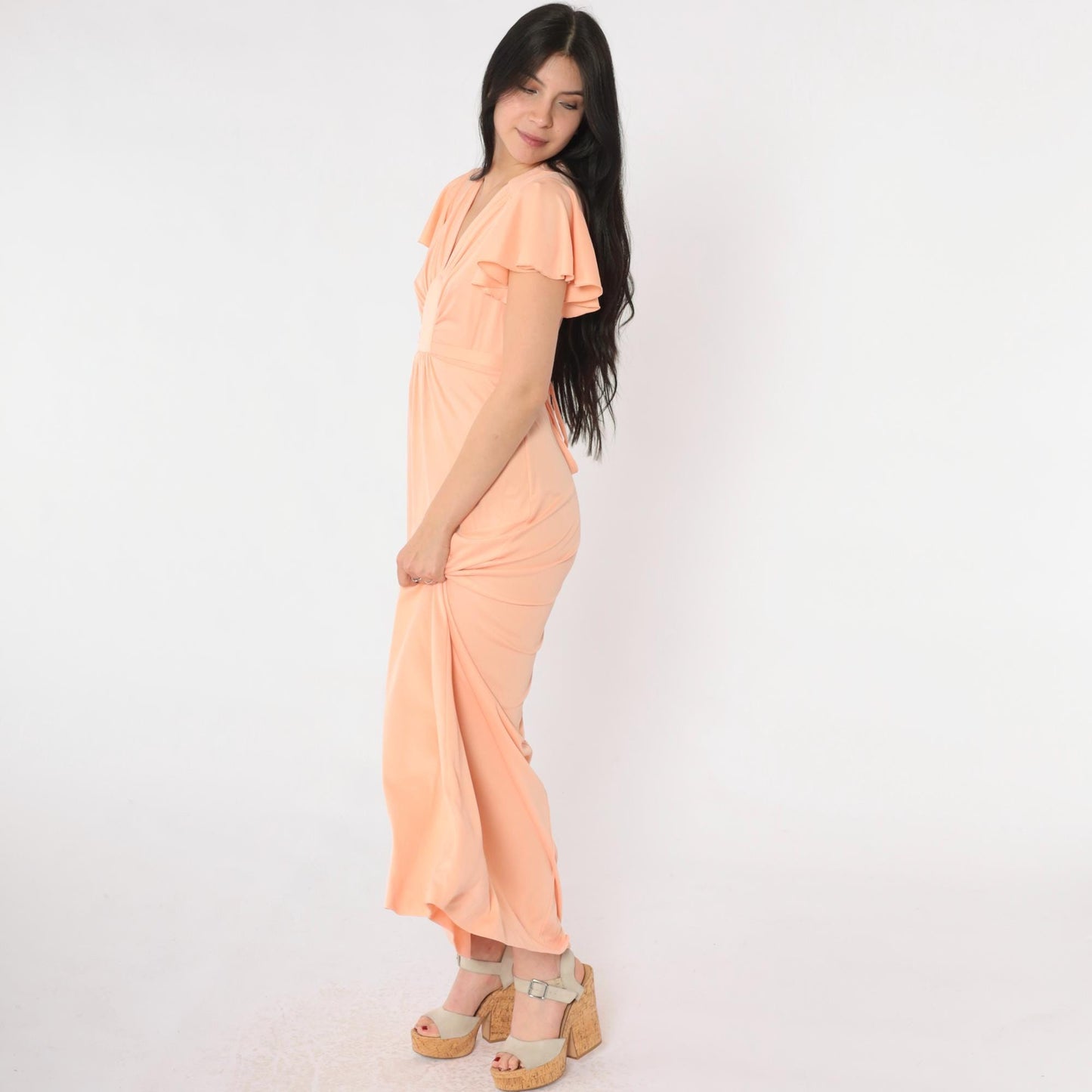 70s Peach Grecian Maxi Dress Flutter Sleeve V-Neck High Waist Small