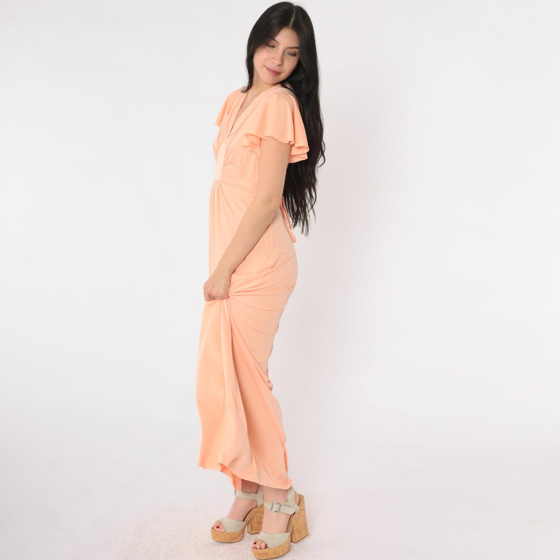 70s Peach Grecian Maxi Dress Flutter Sleeve V-Neck High Waist Small