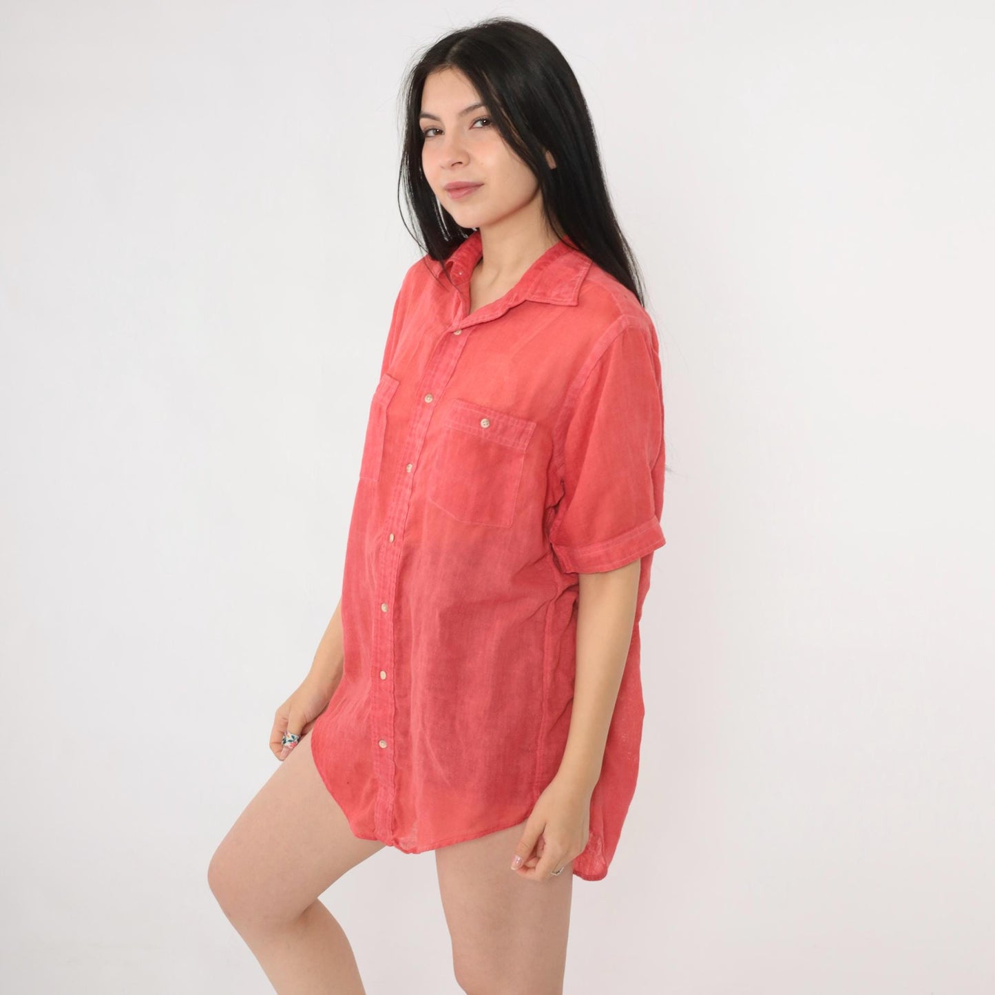 70s Langworthy's Sheer Red Button-Up Shirt Short Sleeve Men's Medium