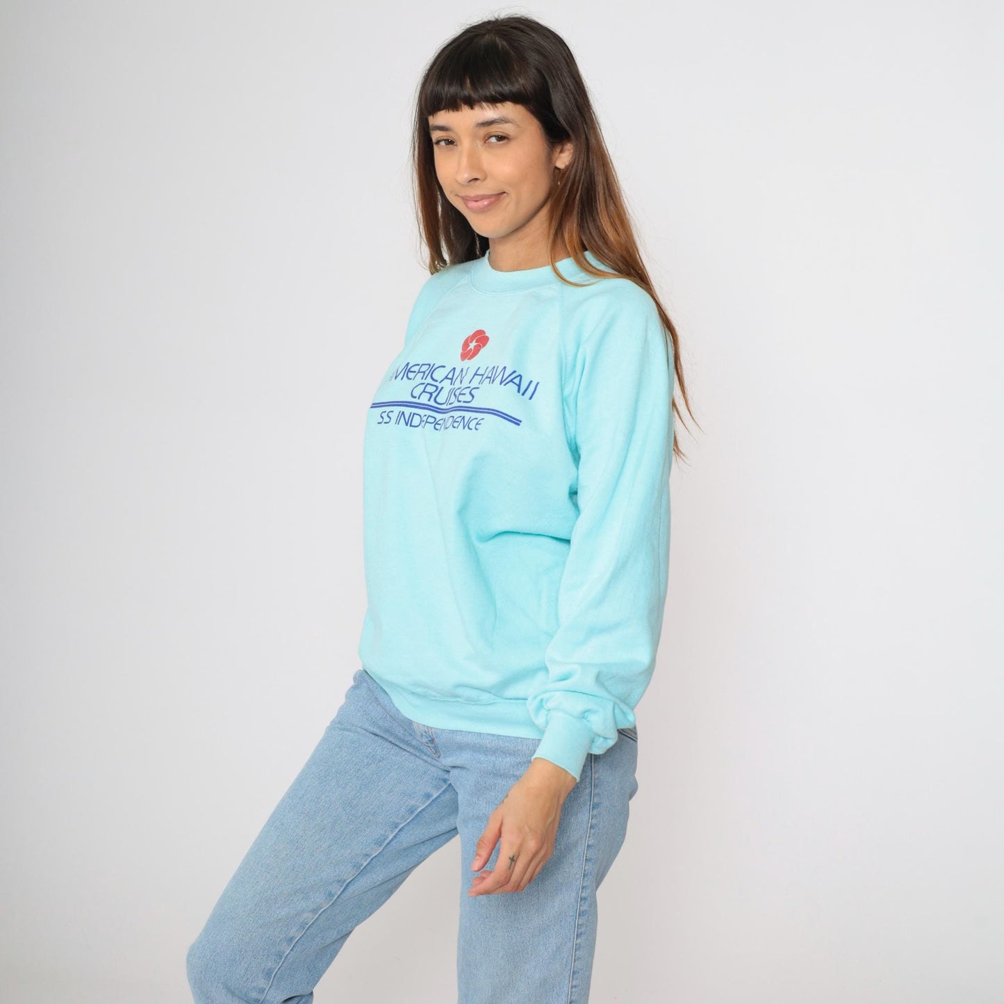 80s American Hawaii Cruises SS Independence Sweatshirt Aqua Graphic Large