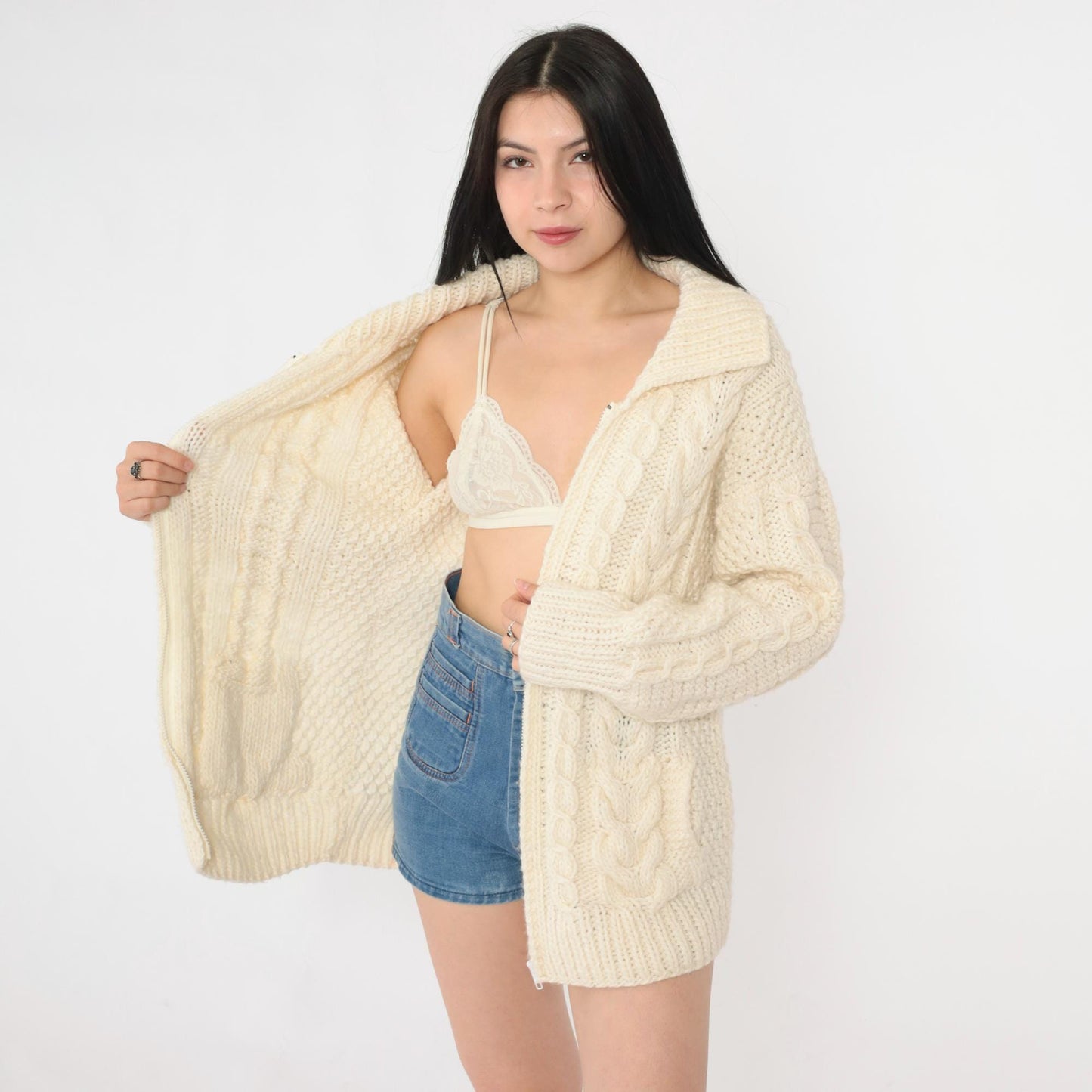 90s Cable Knit Zip Cardigan Cream Wool Sweater Medium M