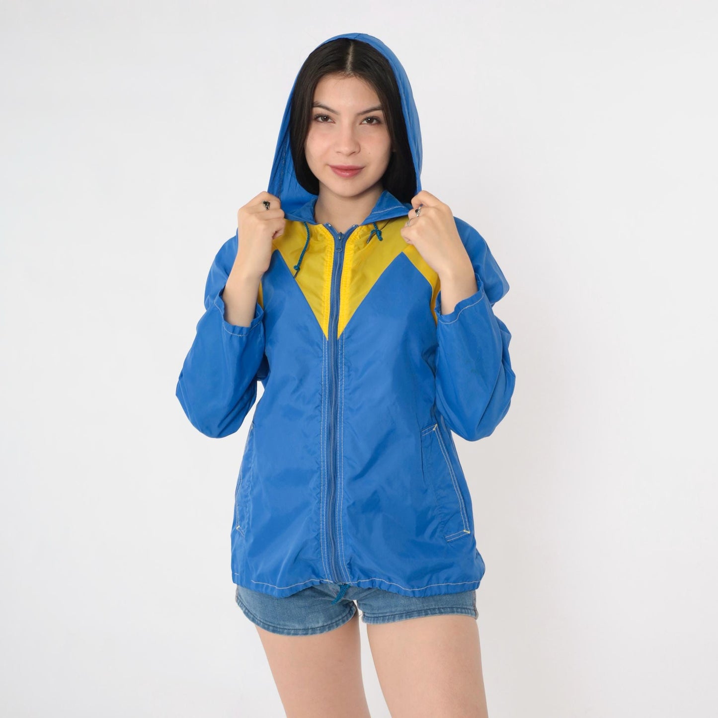80s Blue Yellow Color Block Windbreaker Hooded Zip Jacket Medium