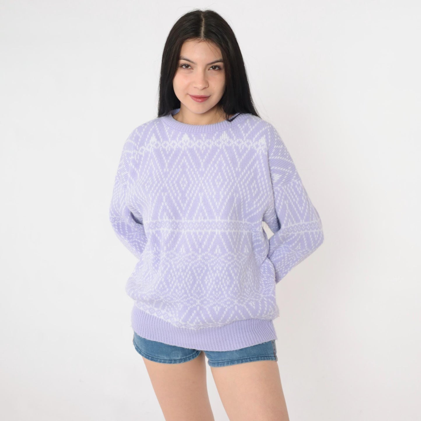 80s Lavender Diamond Geometric Knit Sweater Crewneck Pullover Medium Large