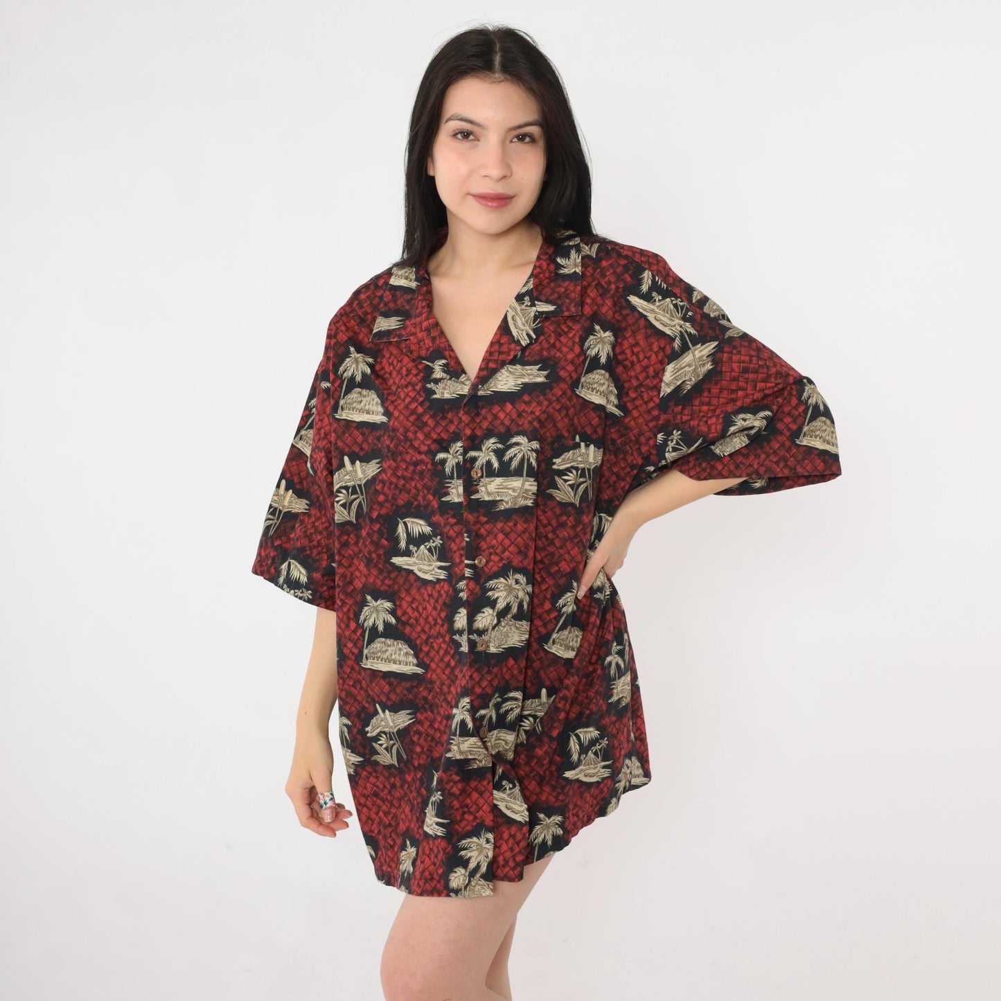 90s Aloha Line Hawaiian Shirt Red Palm Tree Print Button Up XXL