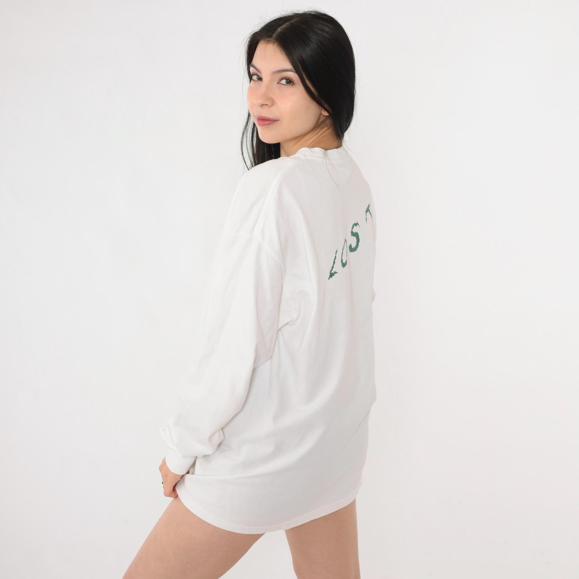 Y2K LOST Graphic Long Sleeve Tee White Hanes Beefy-T Small Medium