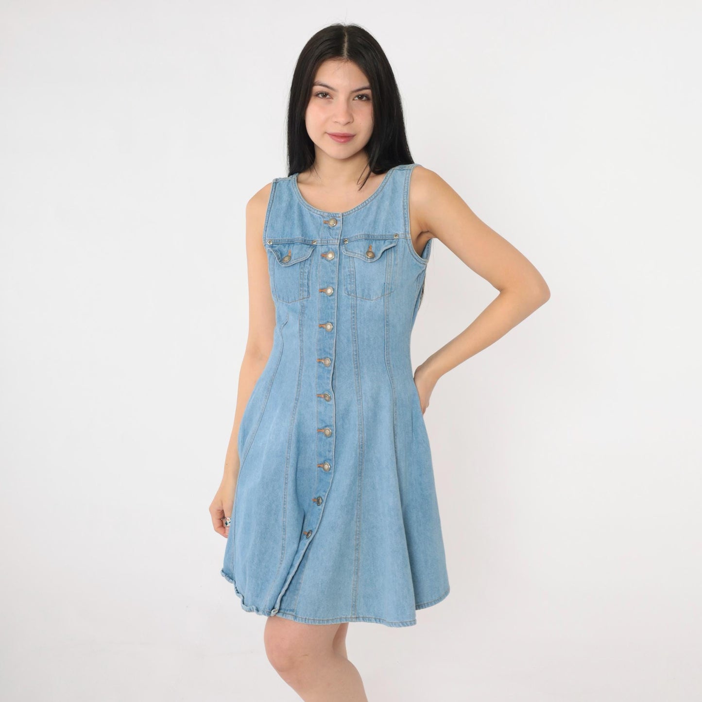 90s County Seat Denim Mini Dress Blue Button-Up Sleeveless Small S