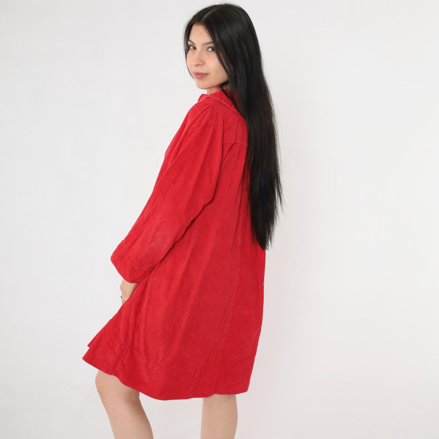 60s Red Corduroy Mini Dress Peter Pan Collar Button Front Shift Medium