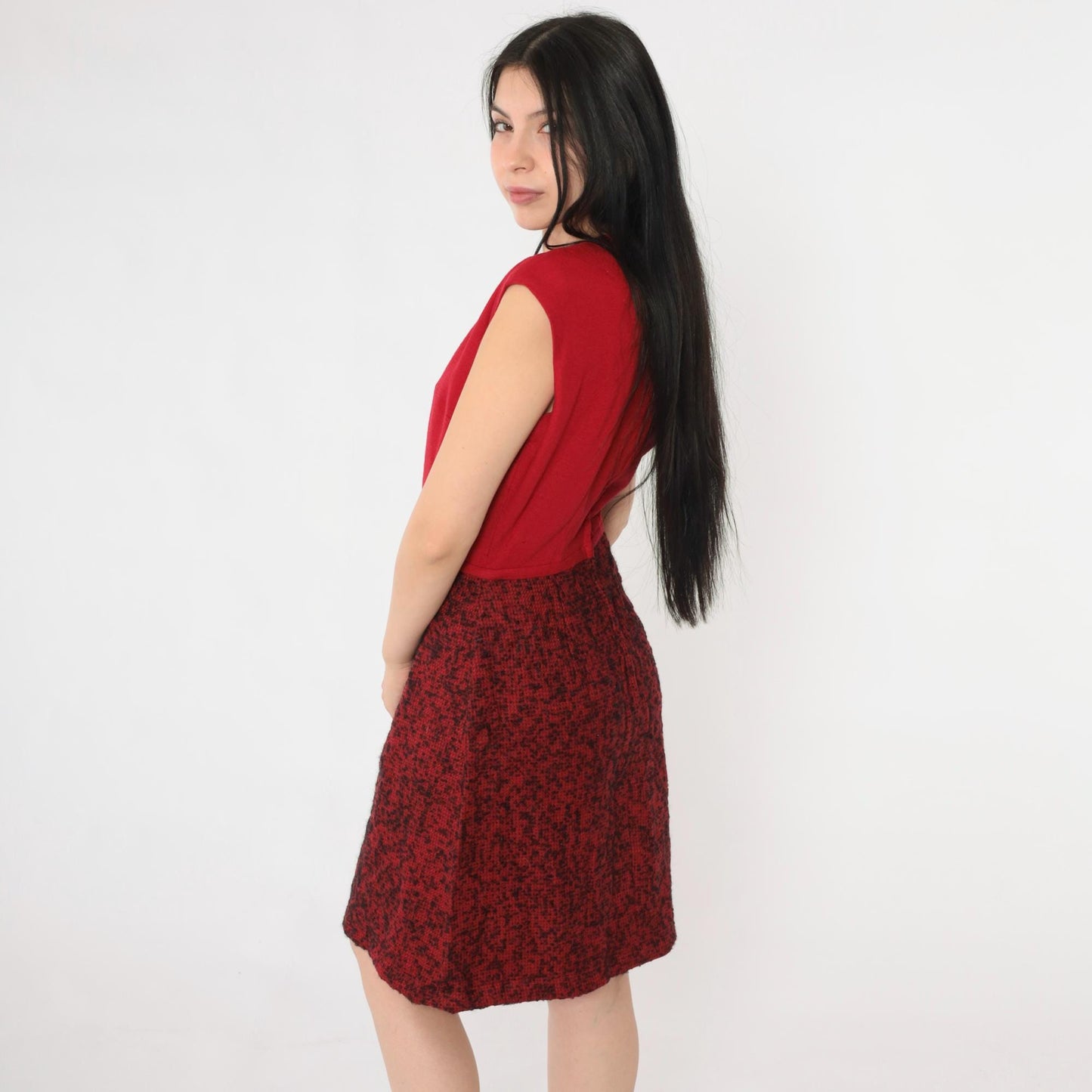 60s Peck & Peck Wool Mini Dress Red Abstract Print Bow Detail Small
