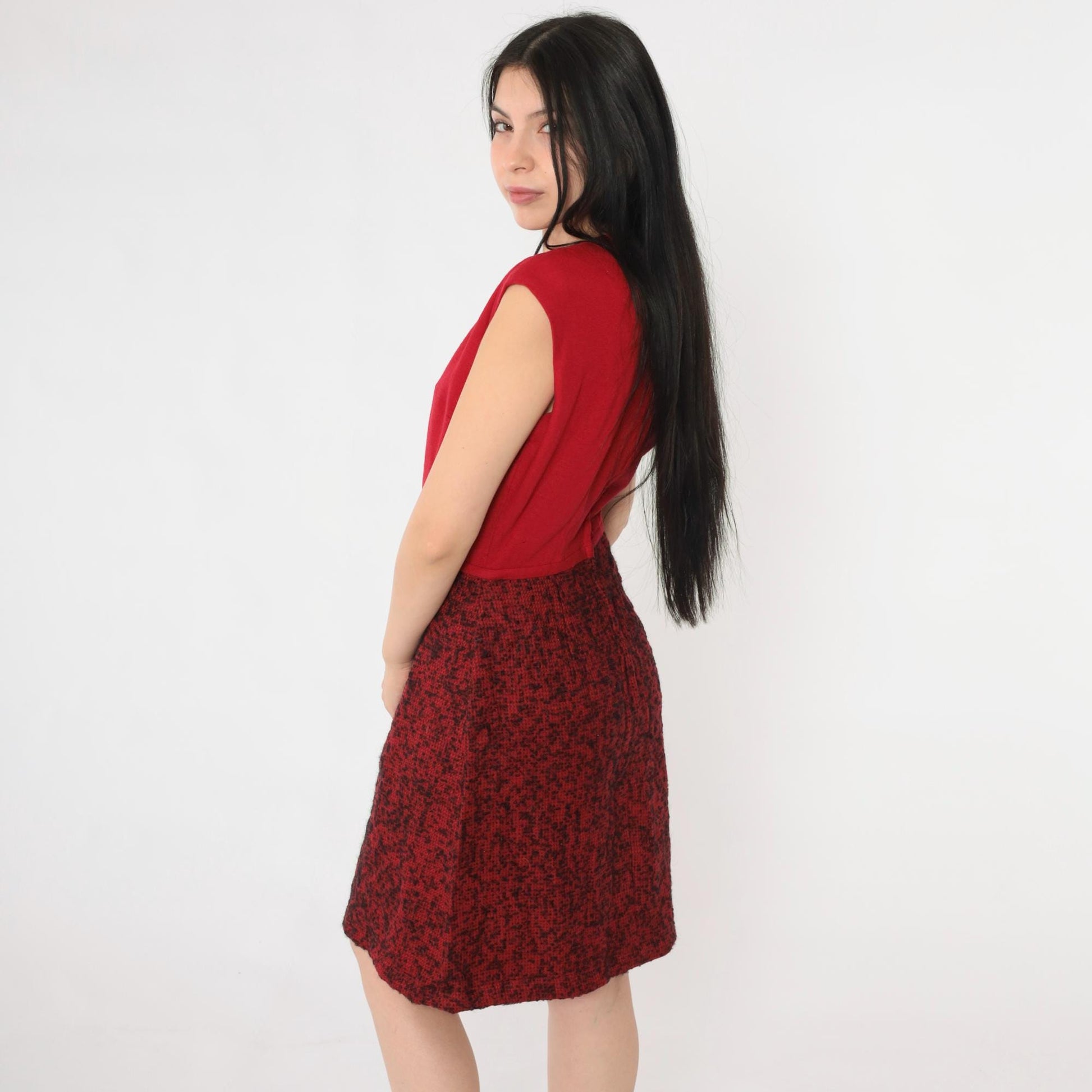 60s Peck & Peck Wool Mini Dress Red Abstract Print Bow Detail Small
