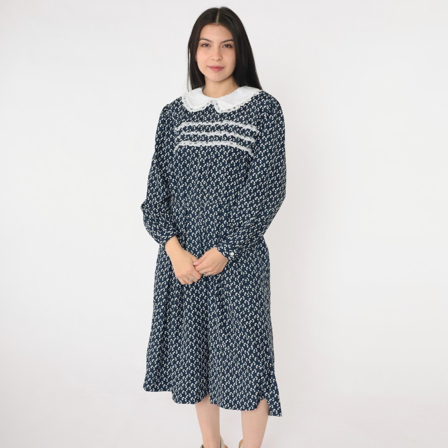 80s Navy Bow Print Midi Dress Peter Pan Collar Lace Trim Long Sleeve Medium Large