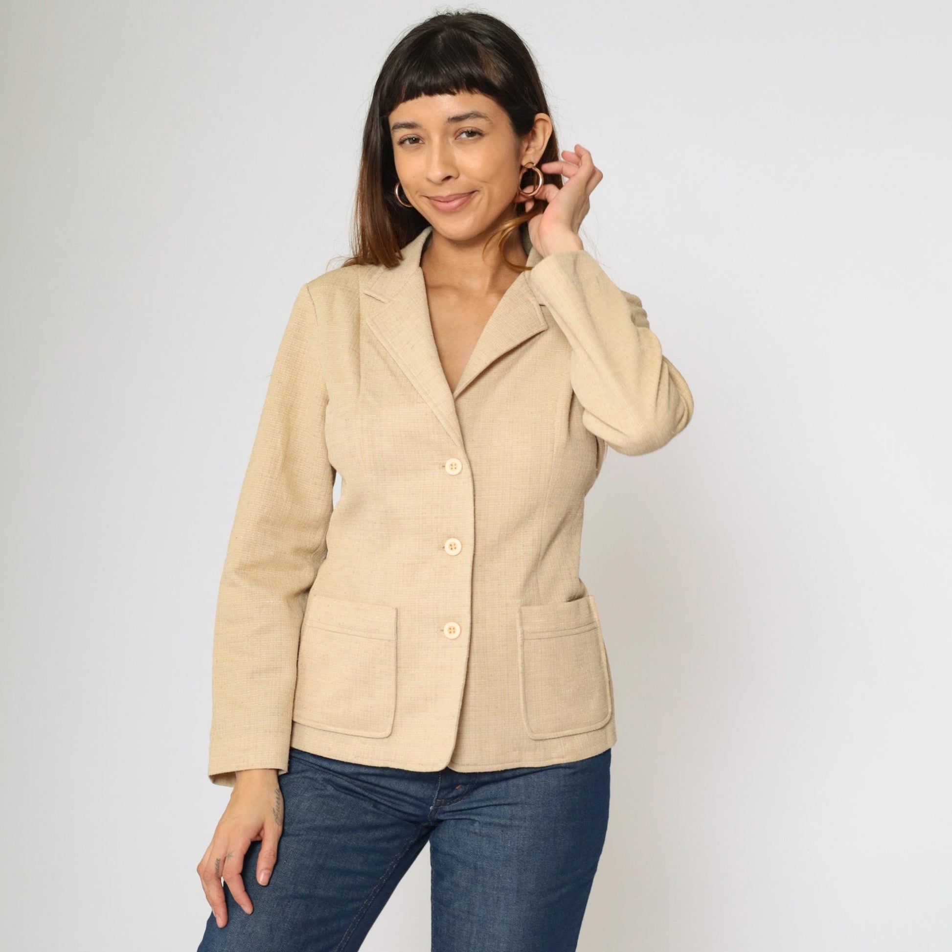 70s Beige Polyester Blazer Button-Up Jacket Deep V Neck Small