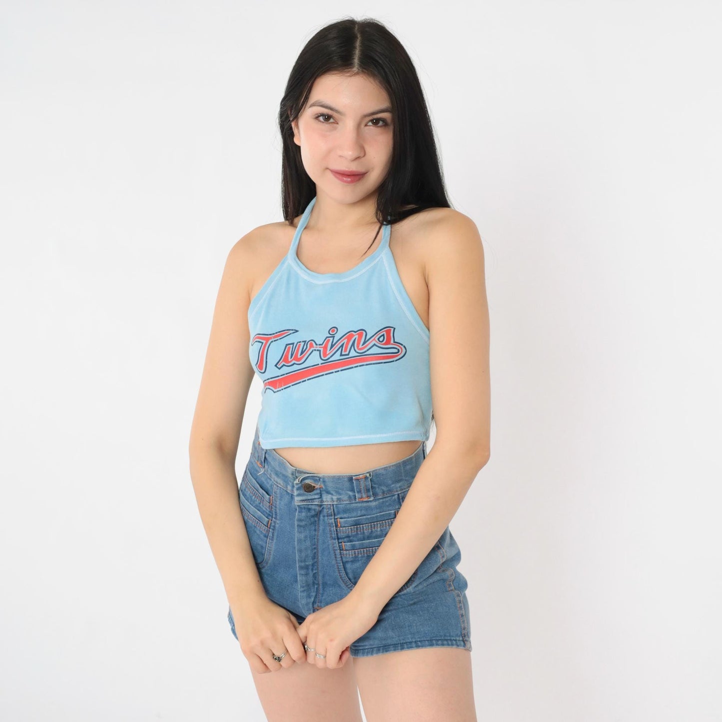 80s Twins Baseball Halter Crop Top Baby Blue Backless Medium M