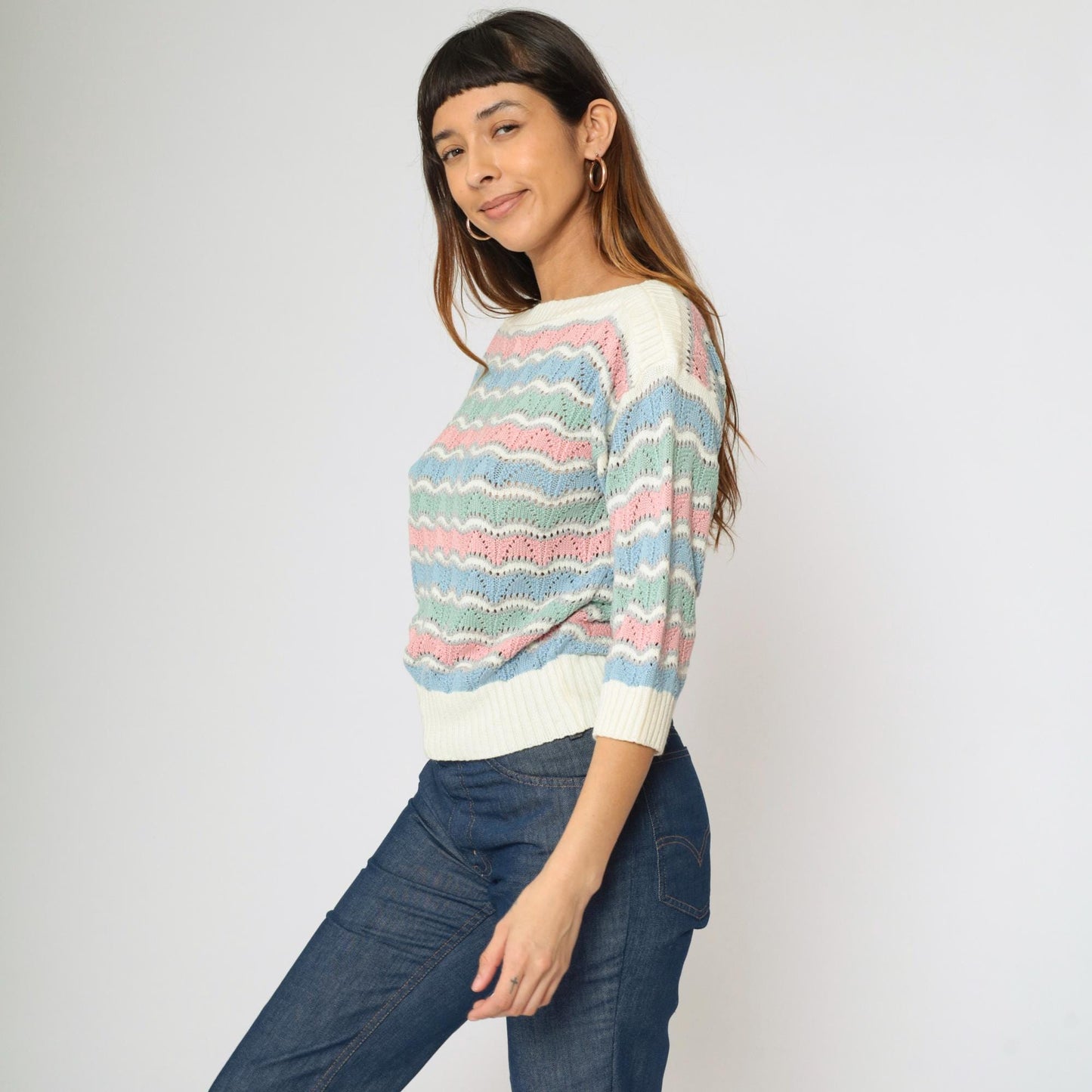 80s Bellocco Pastel Striped Pointelle Sweater Boatneck Knit Medium