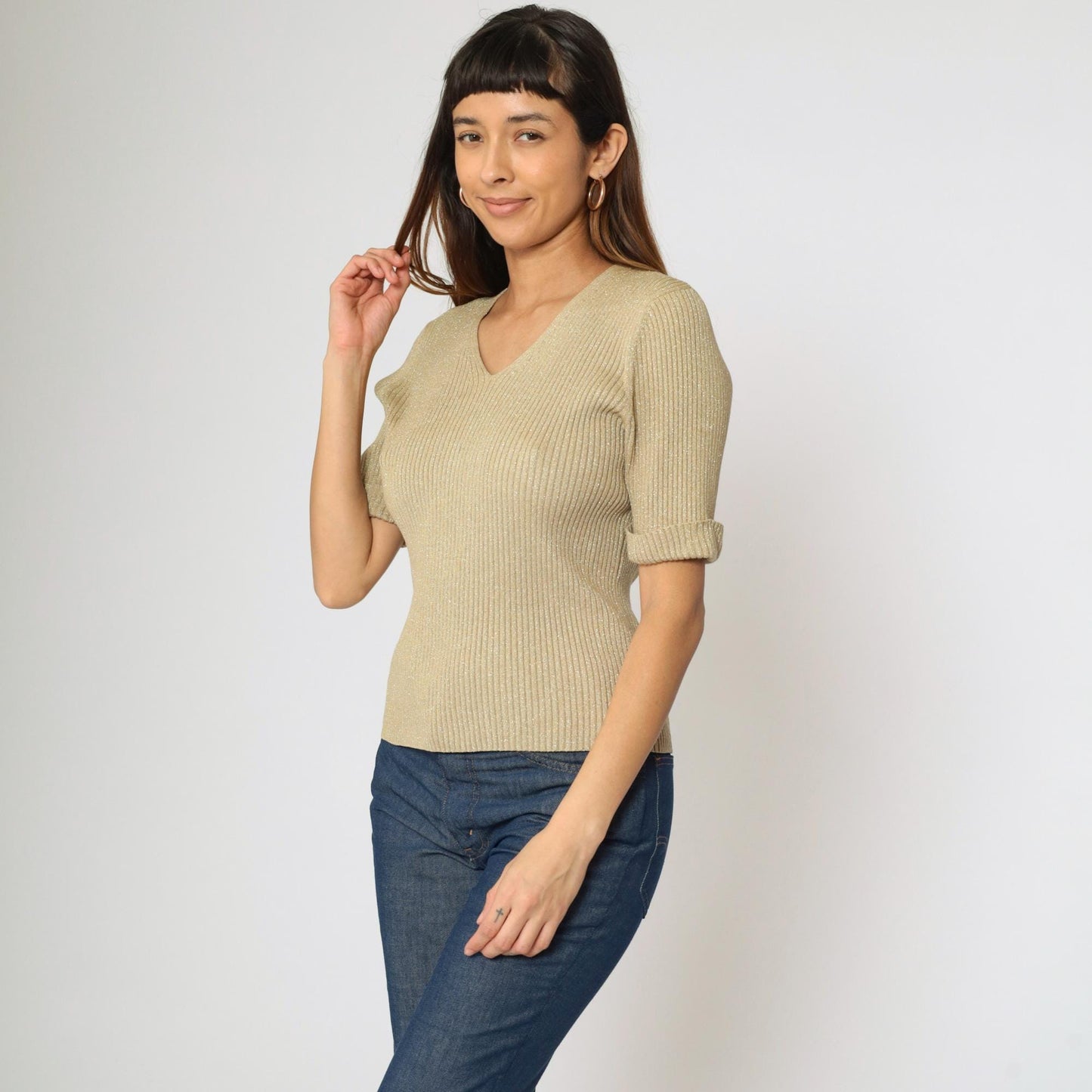 90s Kathie Lee Gold Sparkly Knit Top Short Sleeve V Neck Medium