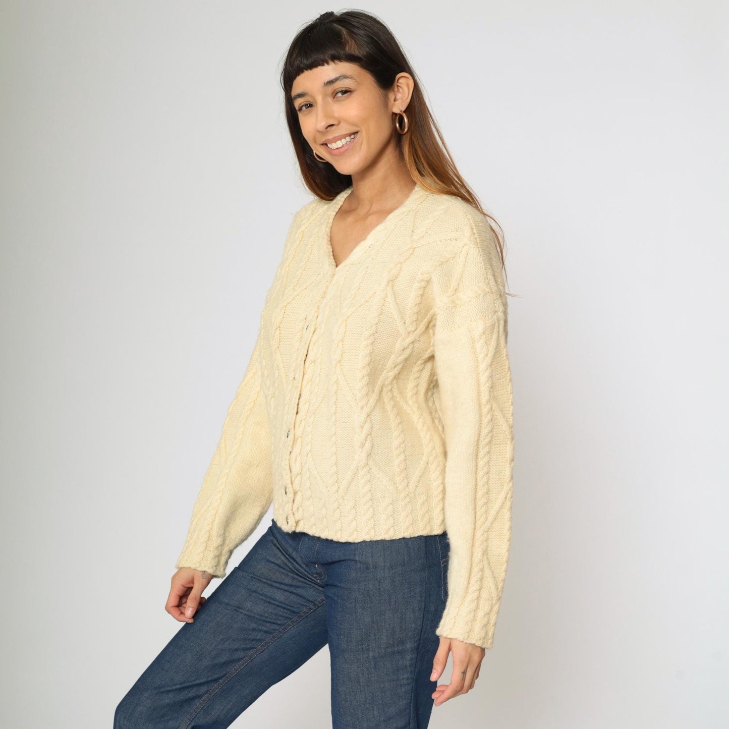 80s Gusto Wool Cable Knit Cardigan Cream Button-Up V-Neck Small