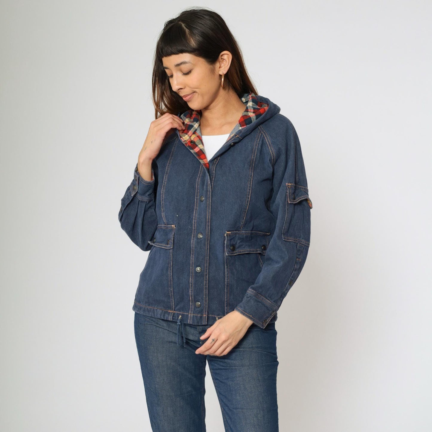 80s Dark Blue Denim Jacket Hooded Plaid Trim Cotton Medium