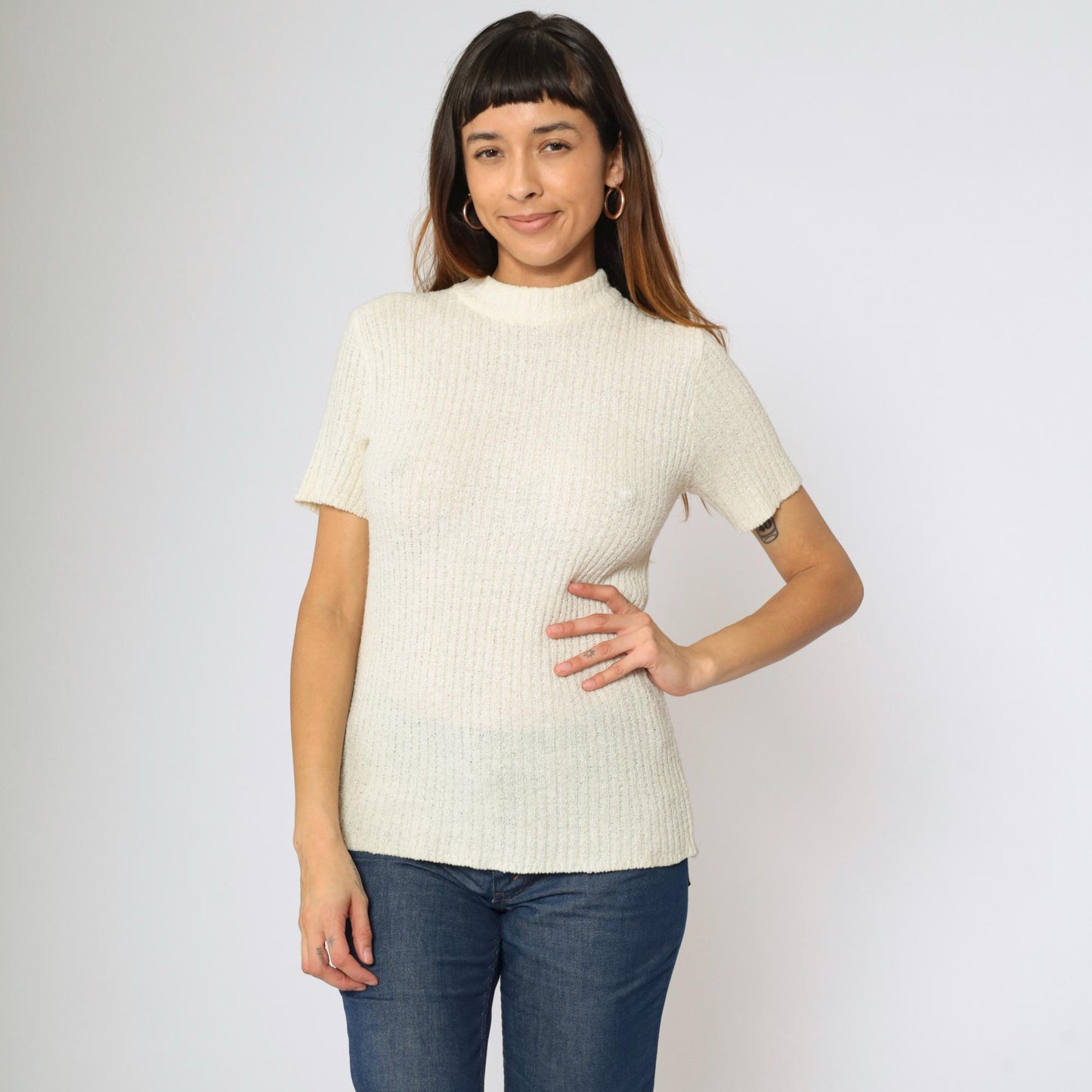 70s Rosanna Cream Ribbed Knit Mock Neck Short Sleeve Top Small Medium