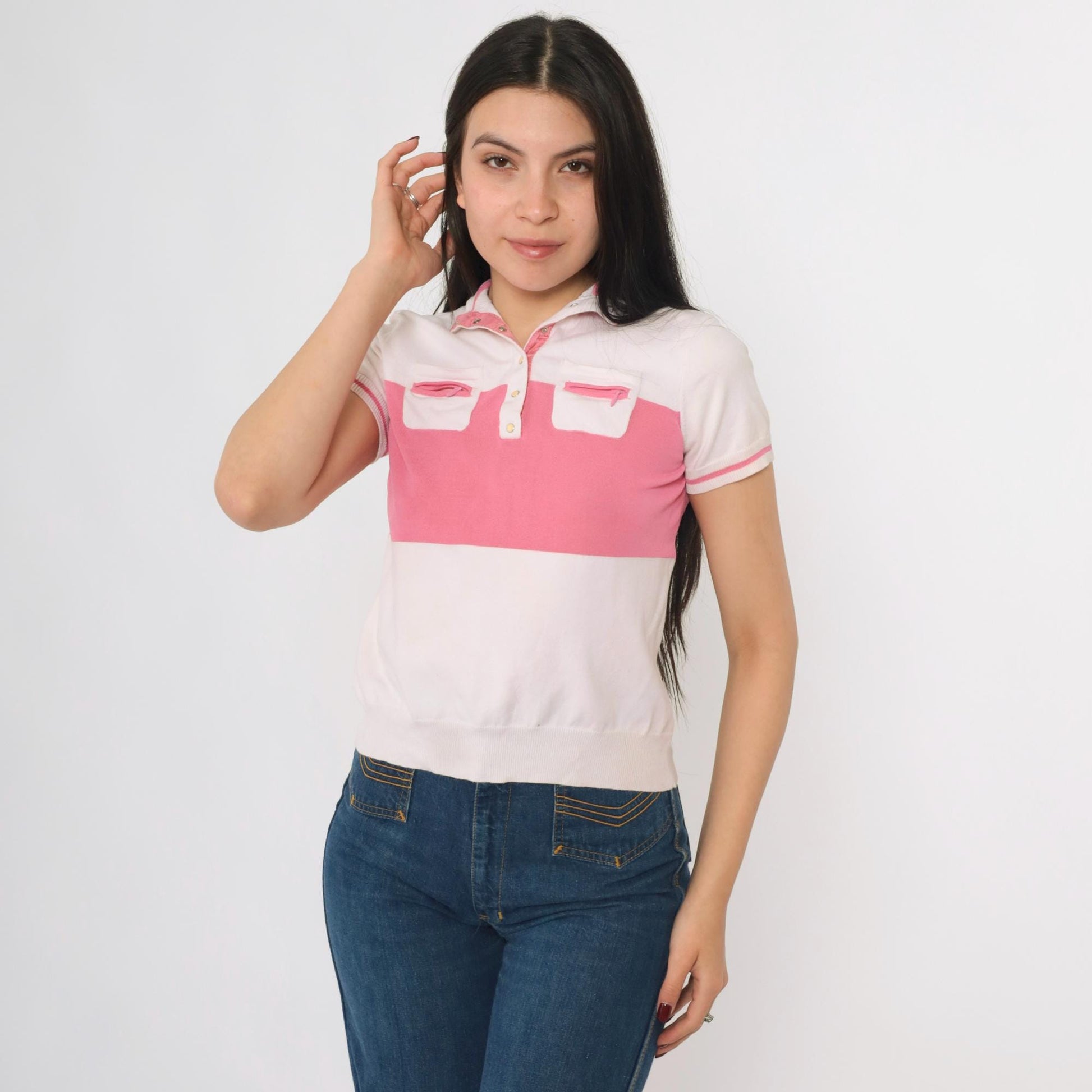 80s Jamie Sadock Striped Polo Shirt White Pink Snap Button Short Sleeve Extra Small