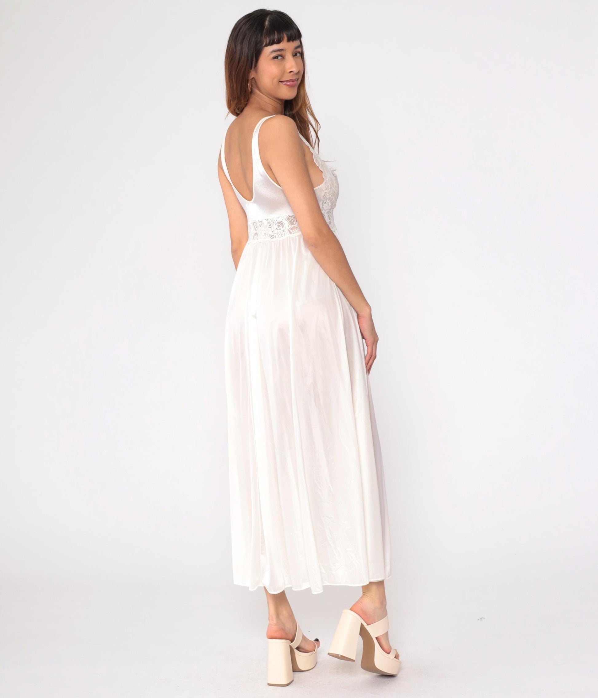 80s Shadowline White Lace Maxi Nightgown Sheer V-Neck Sleeveless Small