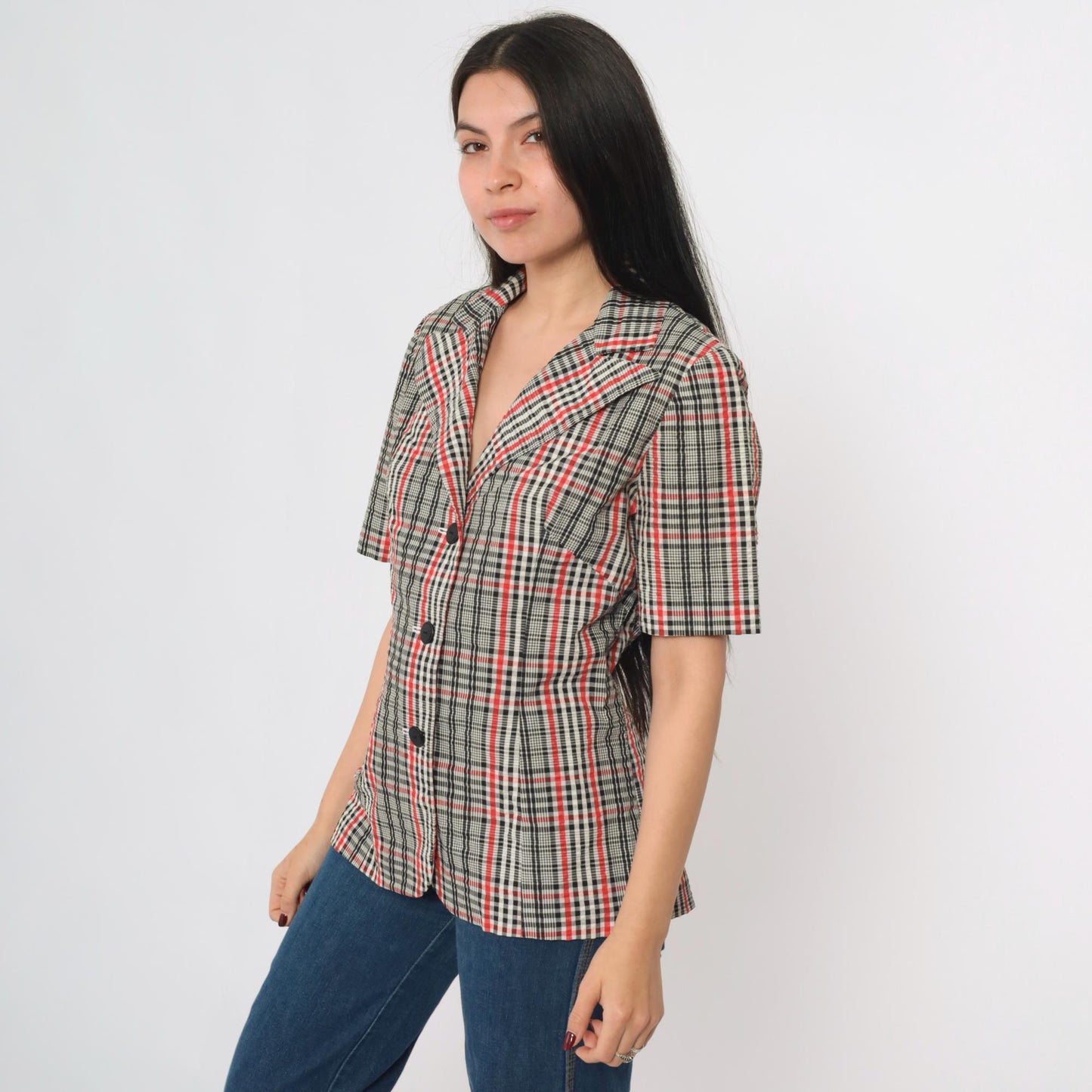 70s Black White Red Plaid Button-Up Blouse Short Sleeve Collared Shirt Medium