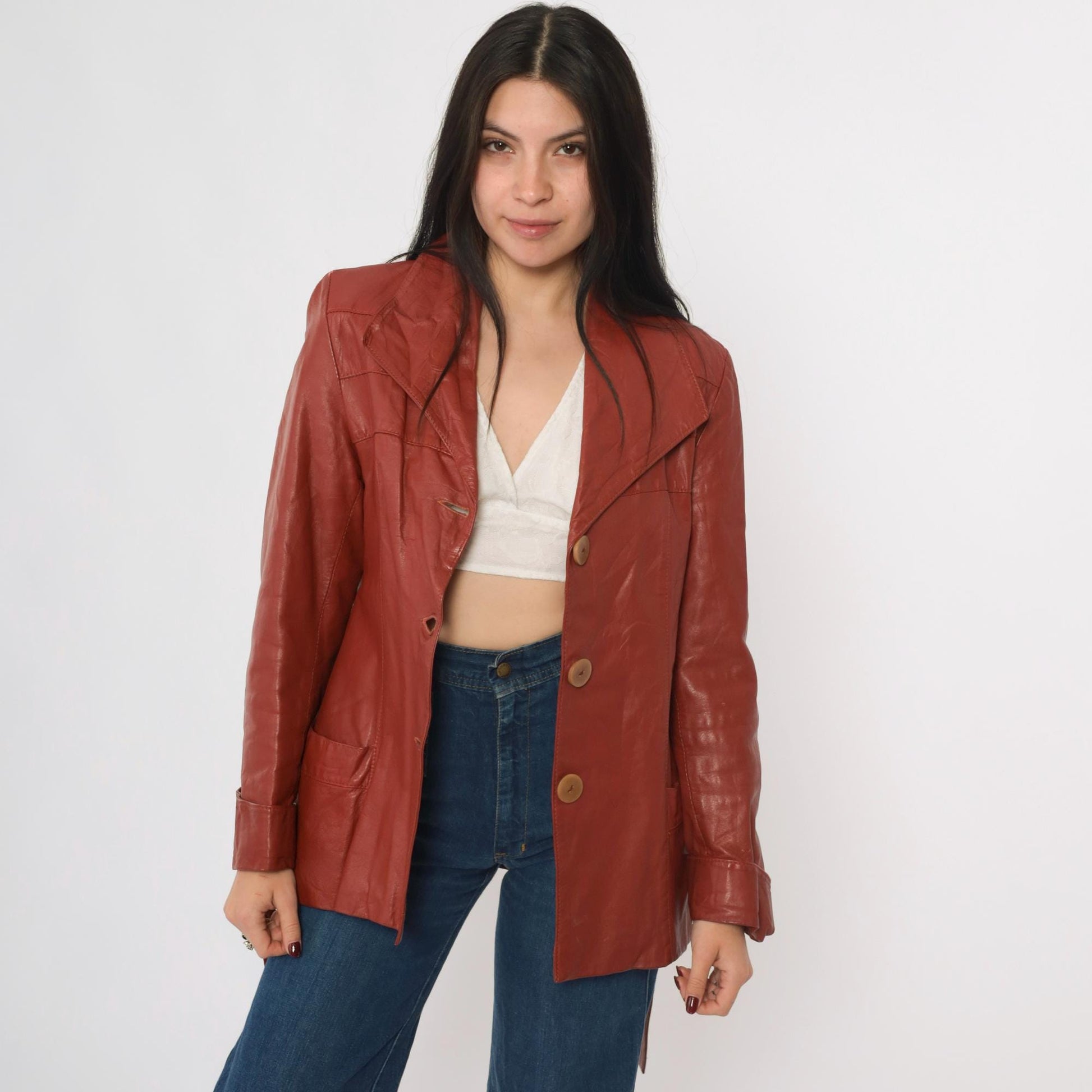 70s Learsi Leather Jacket Brick Red Belted Button-Up Small