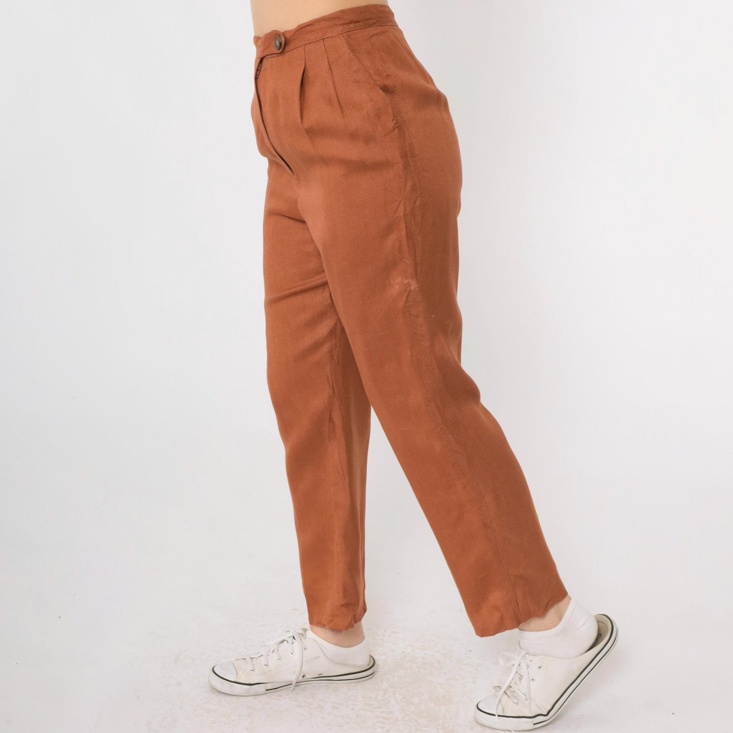 80s Burnt Orange Pleated High-Waist Trousers Straight Leg Small