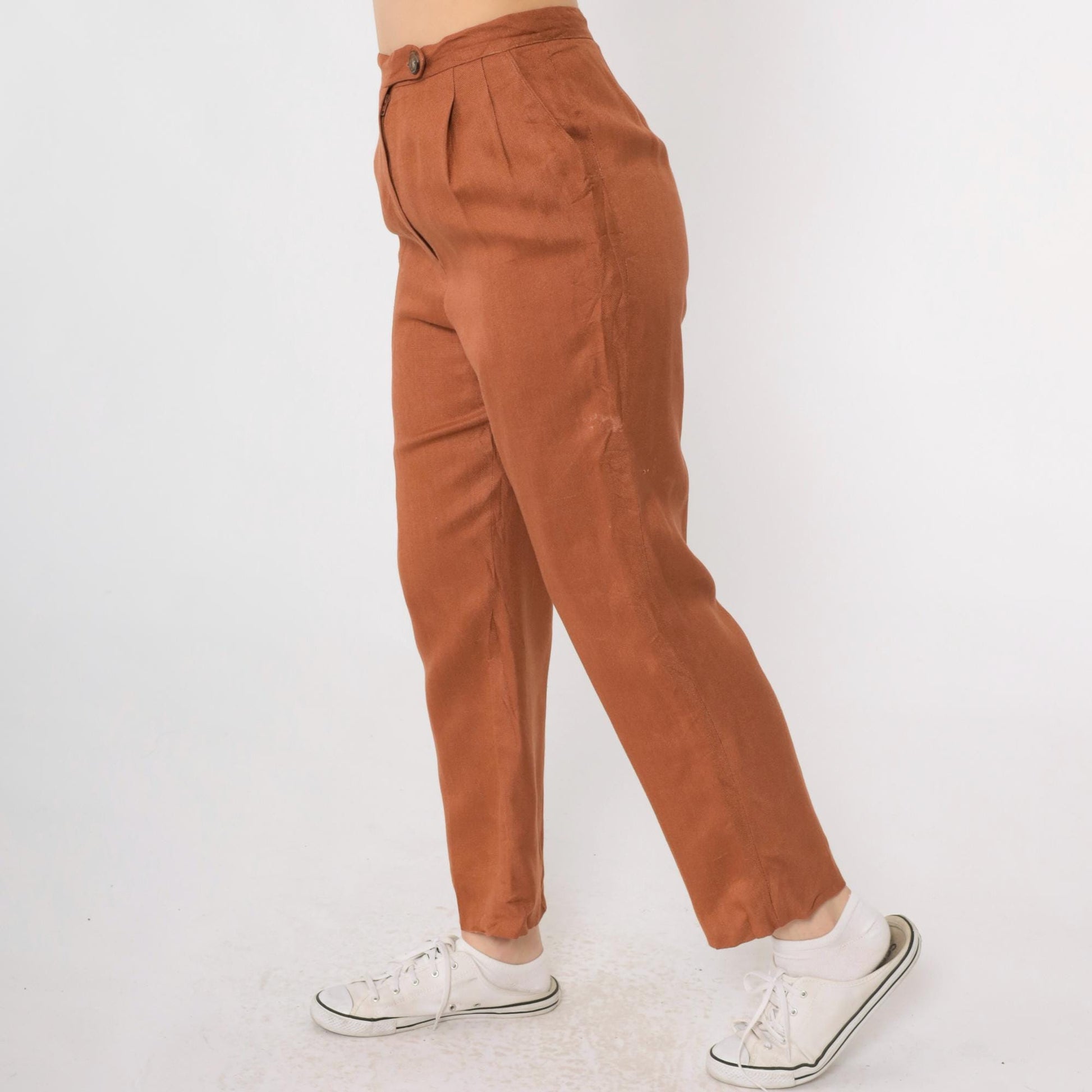 80s Burnt Orange Pleated High-Waist Trousers Straight Leg Small