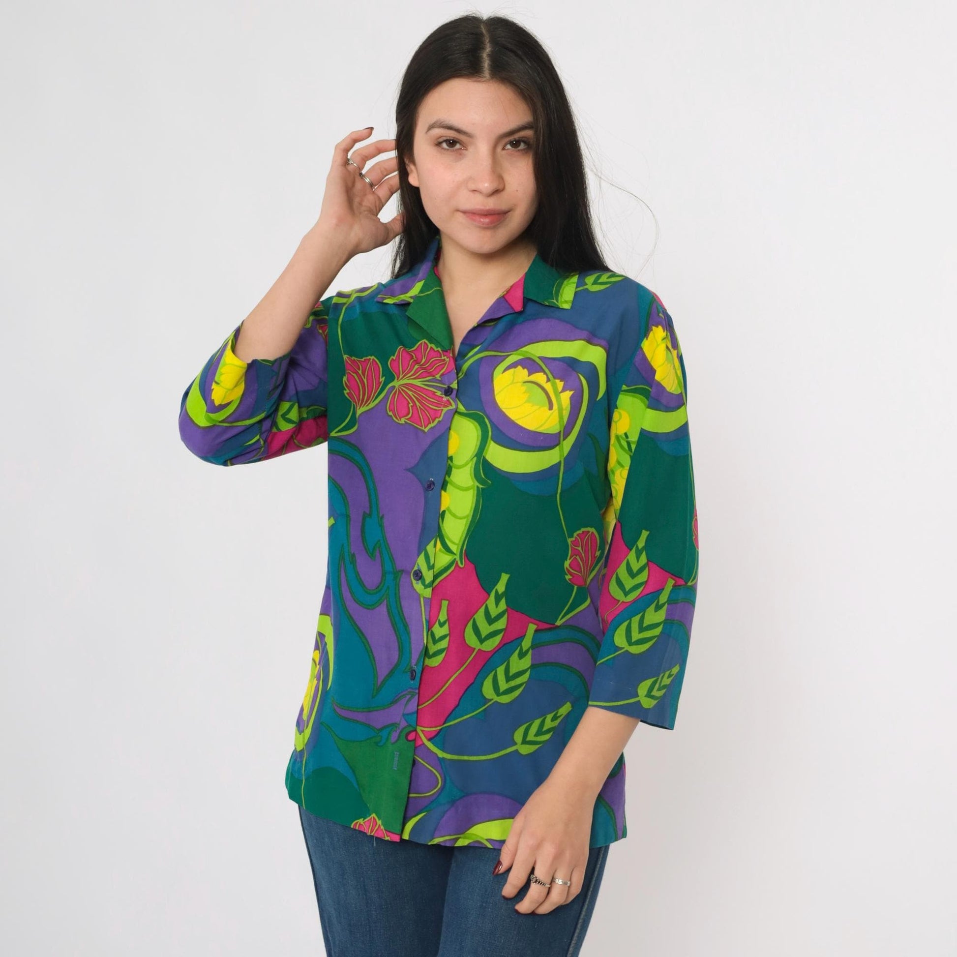70s Tropical Floral Button-Up Shirt Purple Green Multicolor 3/4 Sleeve Medium M
