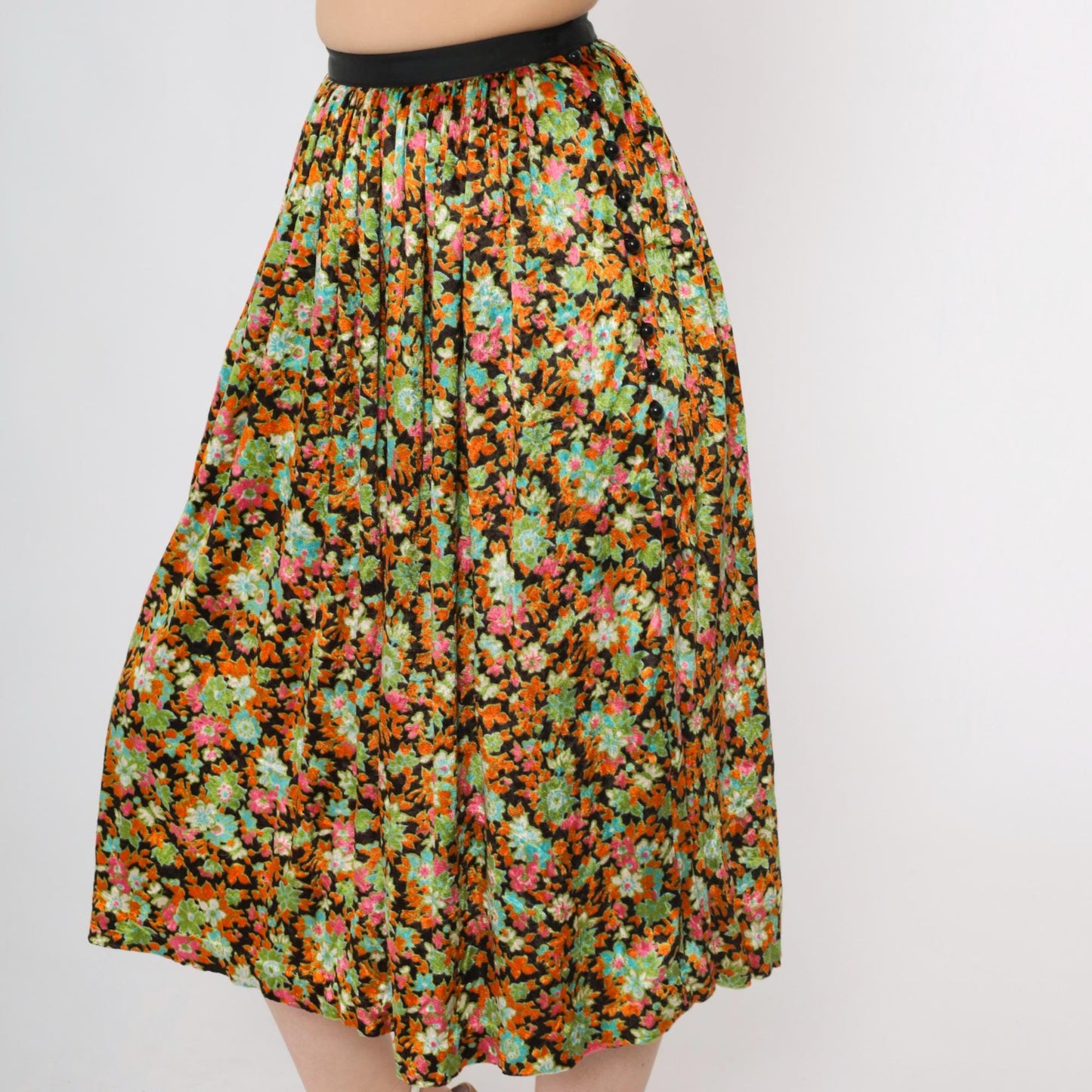 70s Floral Velvet Midi Skirt High Waisted Orange Green XXS