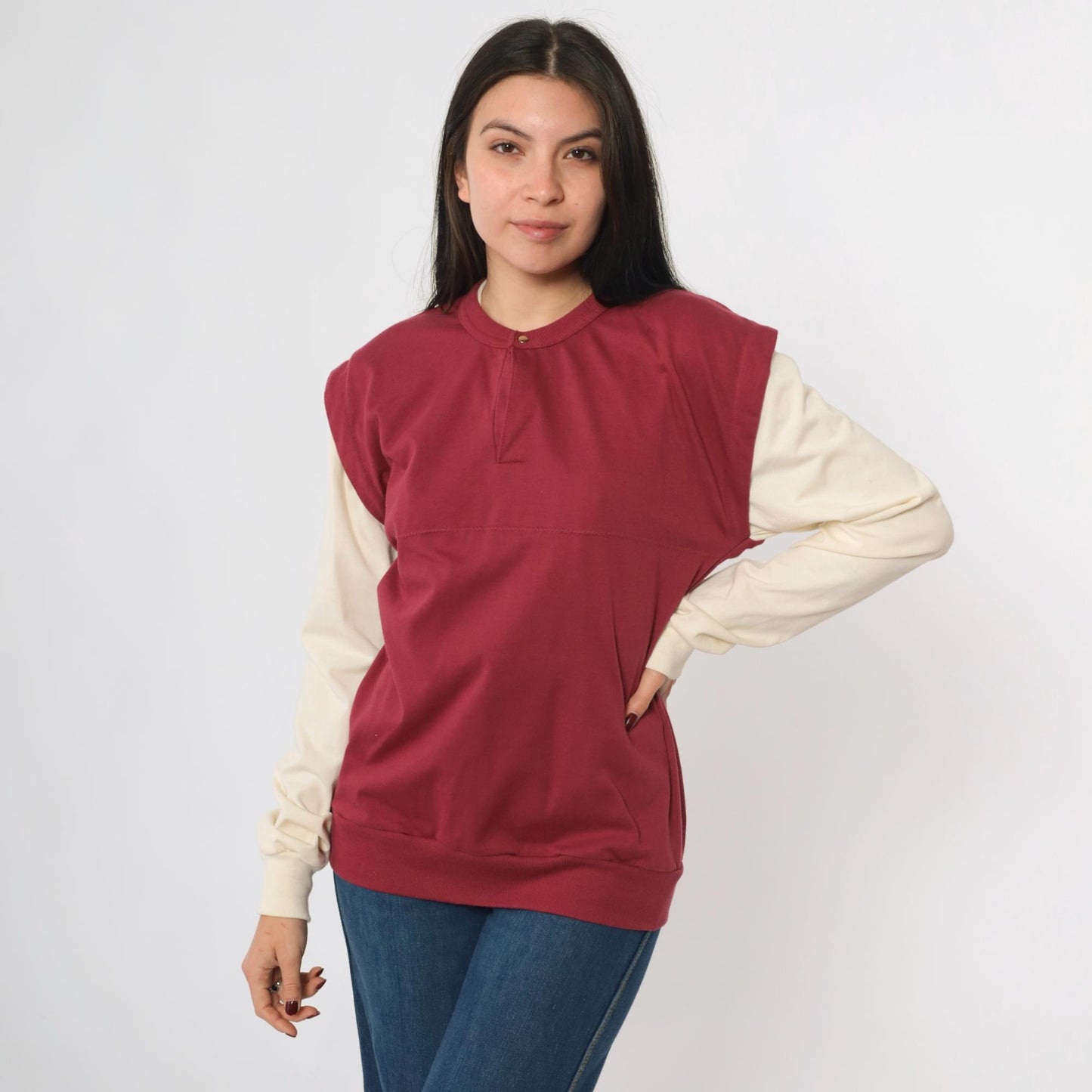 80s Huk-A-Poo Burgundy Cream Snap Neck Sweatshirt Two-Tone Men's Extra Small