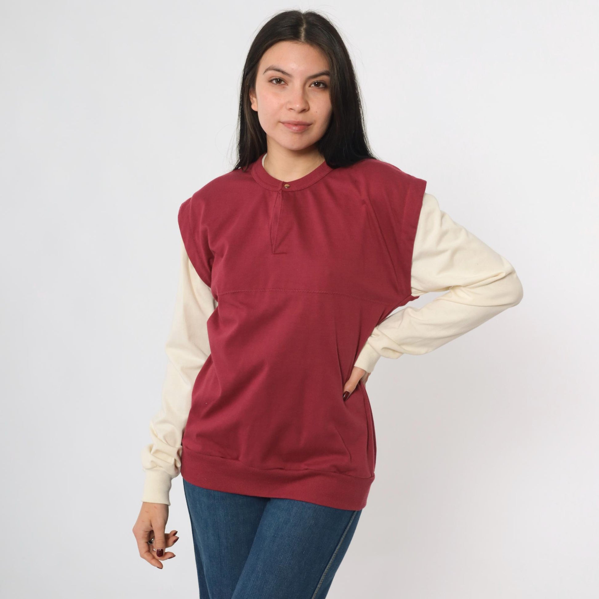 80s Huk-A-Poo Burgundy Cream Snap Neck Sweatshirt Two-Tone Men's Extra Small