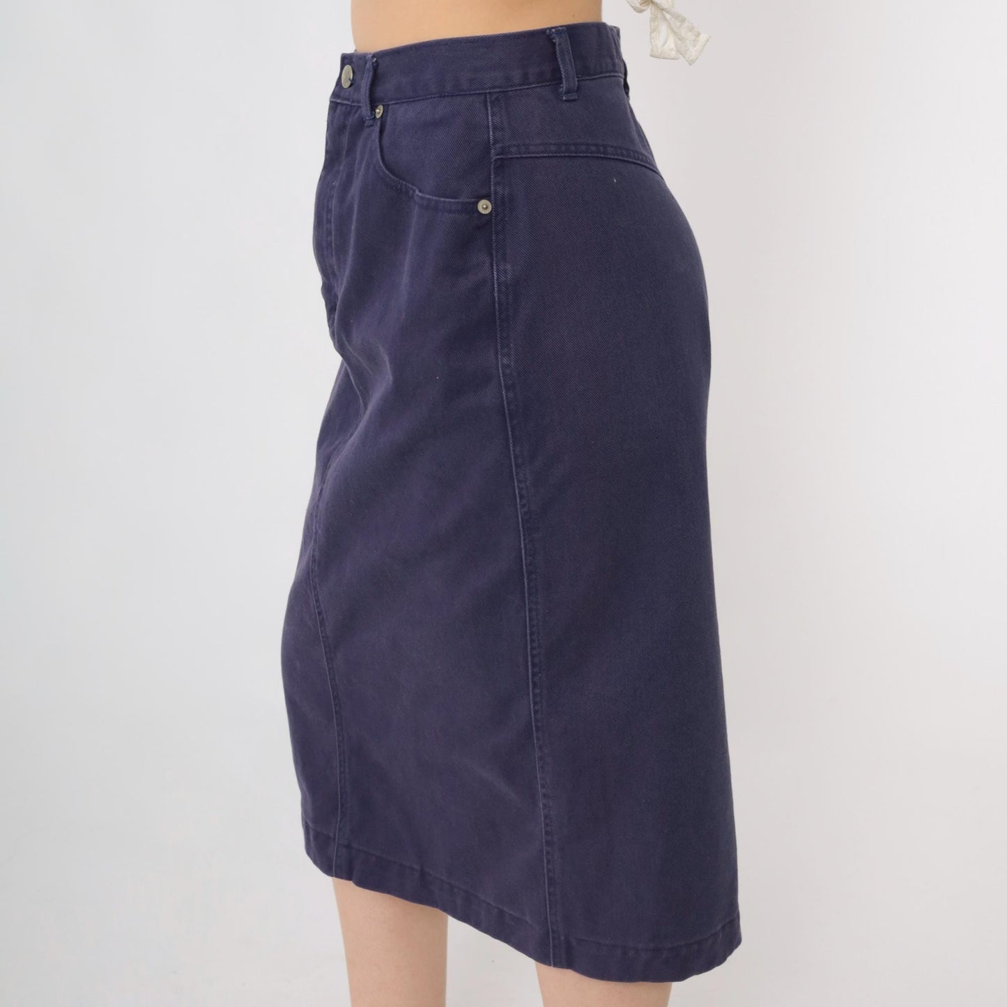 90s Purple Denim Midi Skirt High Waist Pencil Cut Rear Slit Small