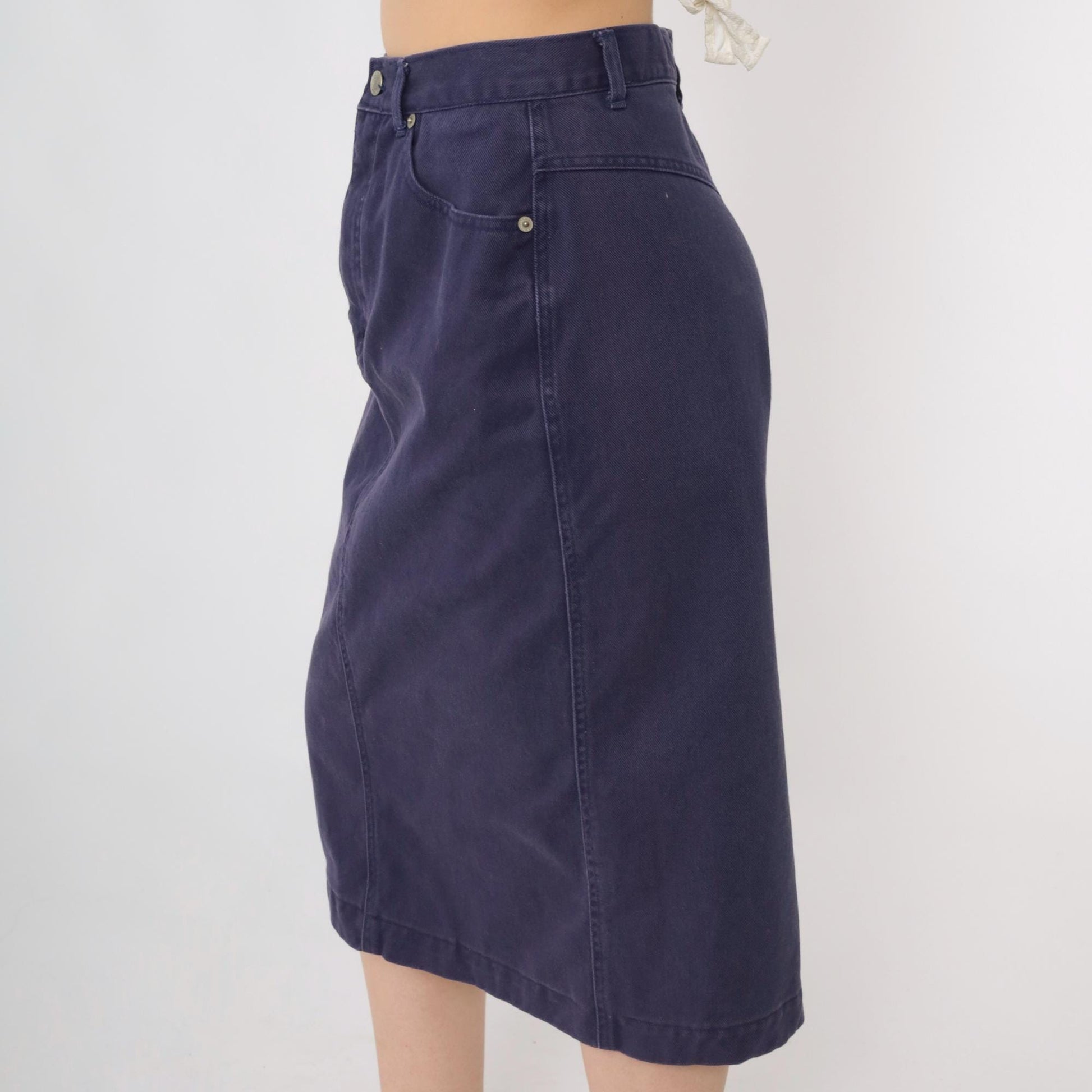 90s Purple Denim Midi Skirt High Waist Pencil Cut Rear Slit Small