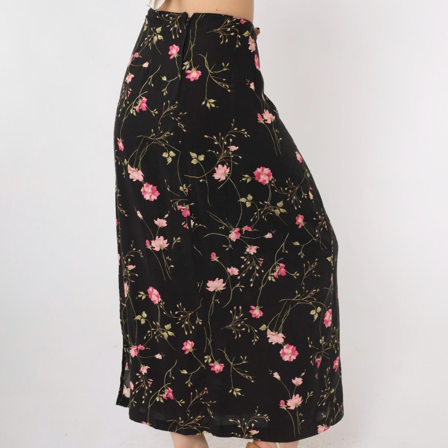 90s Black Floral Rayon Skirt High Waist Ankle Length Extra Large XL