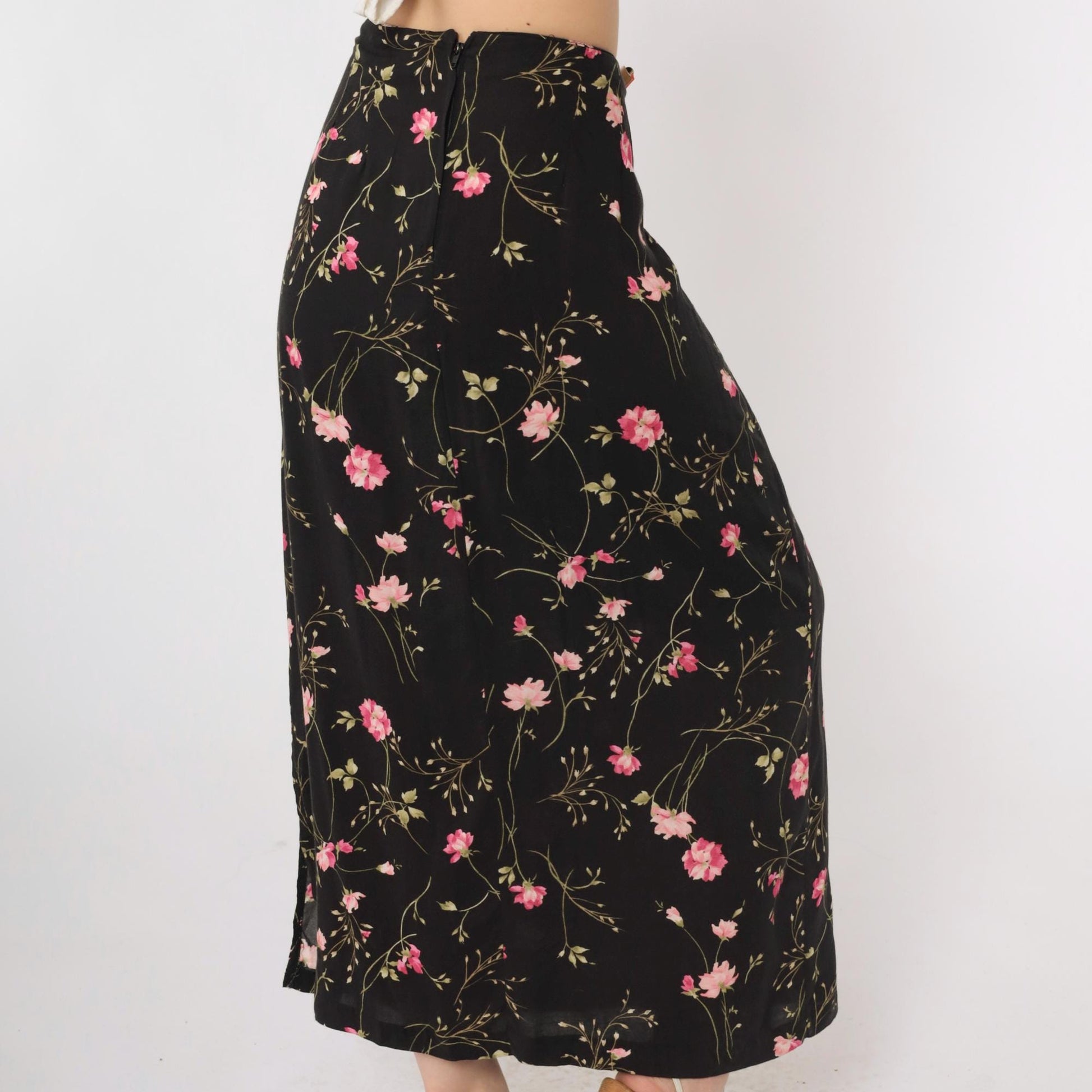 90s Black Floral Rayon Skirt High Waist Ankle Length Extra Large XL