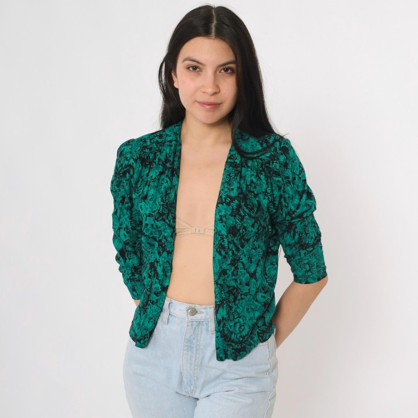 80s Jazzy Rayon Blouse Puff Sleeve Abstract Floral Green Black Small