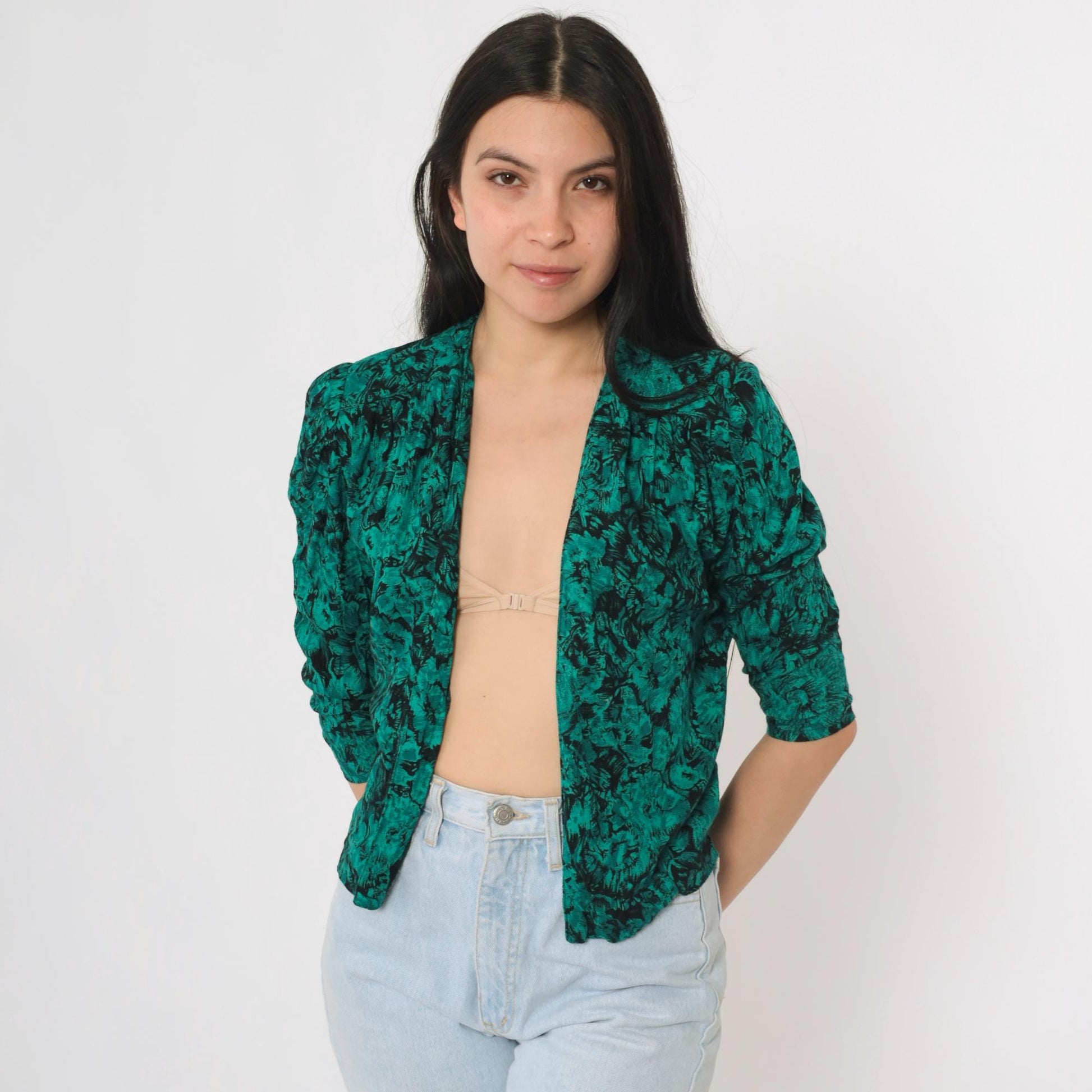 80s Jazzy Rayon Blouse Puff Sleeve Abstract Floral Green Black Small