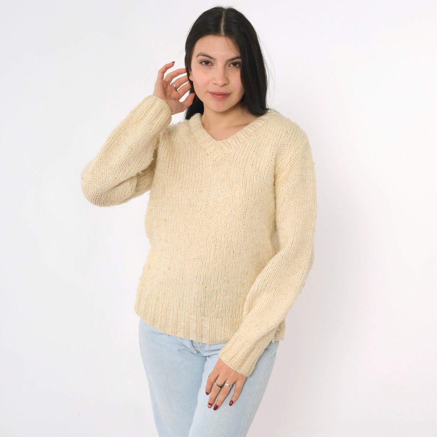 80s Cream Slub Knit V-Neck Sweater Pullover Medium M