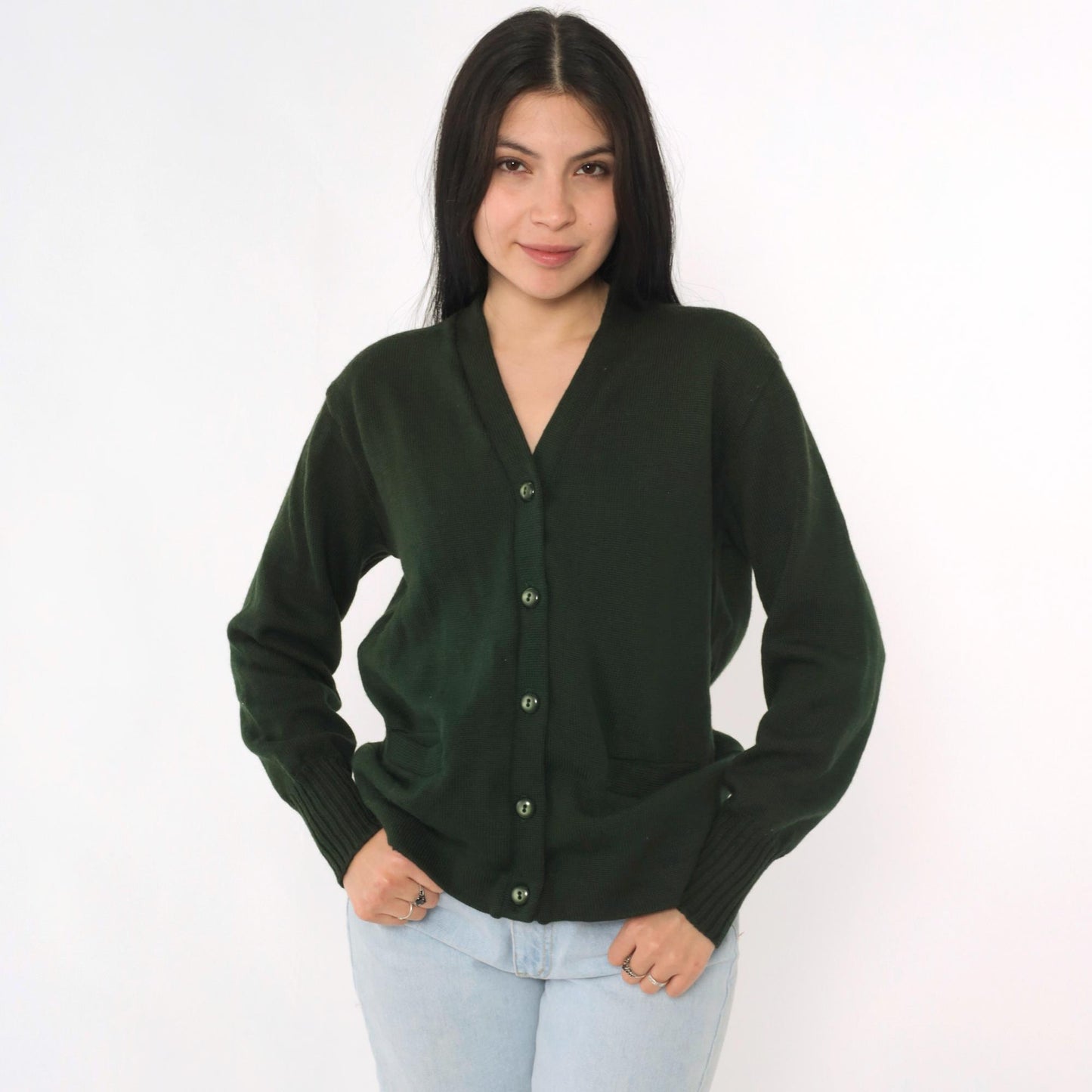 1960s Albion Knit Dark Green Wool Cardigan Button-Up Medium M