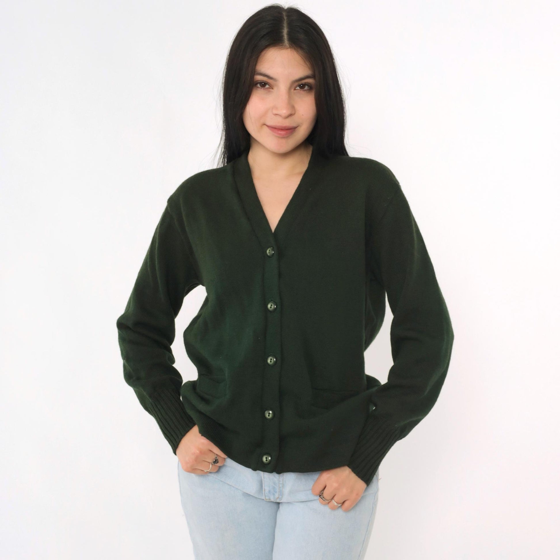 1960s Albion Knit Dark Green Wool Cardigan Button-Up Medium M