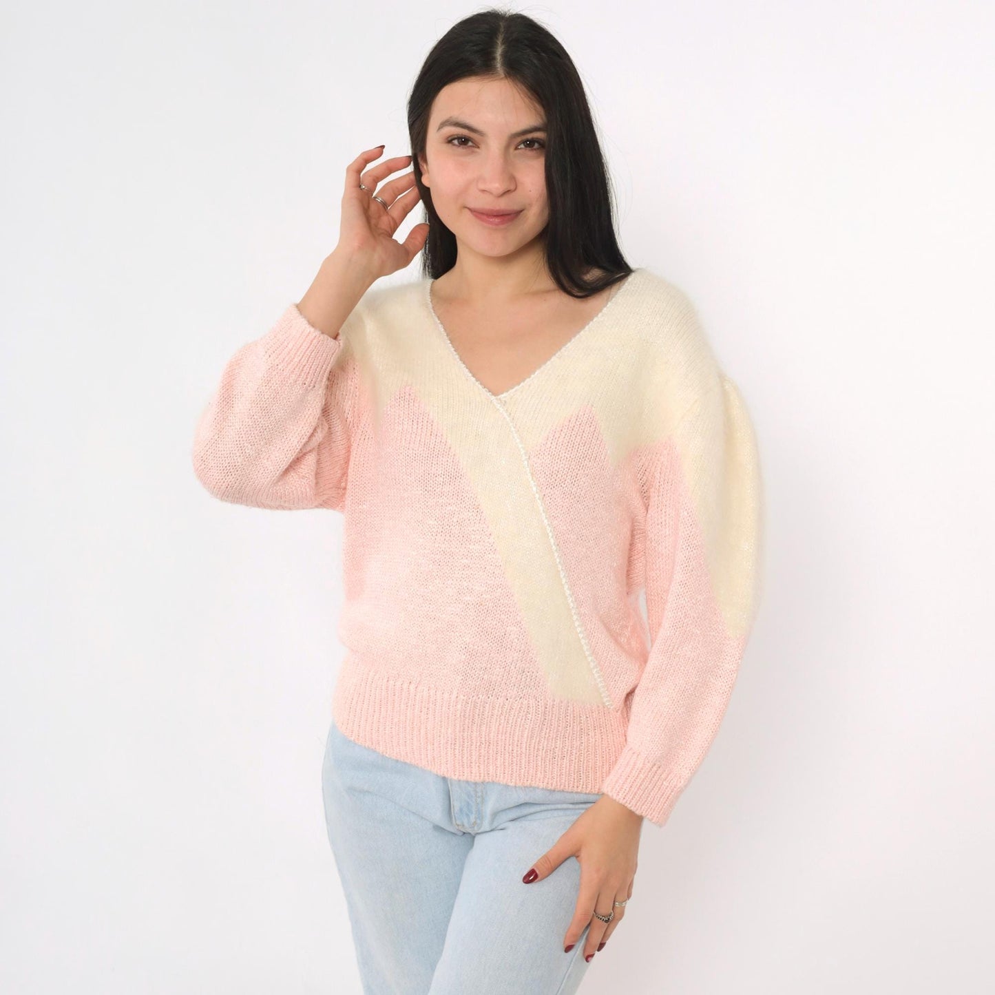 80s Pink Cream Angora Chevron V-Neck Sweater Pullover Medium