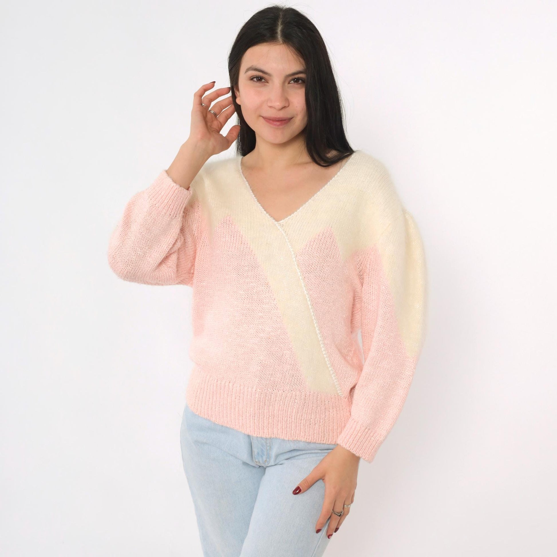 80s Pink Cream Angora Chevron V-Neck Sweater Pullover Medium