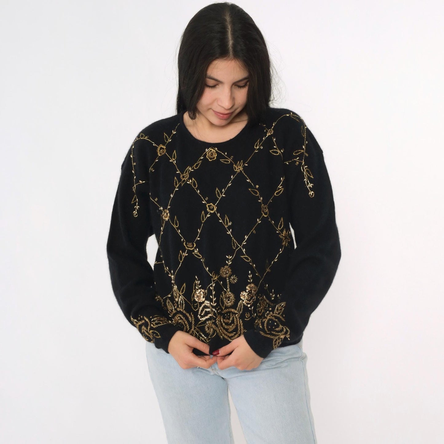 80s Cervelle Black Sequin Wool Angora Sweater Gold Floral Beaded Medium M