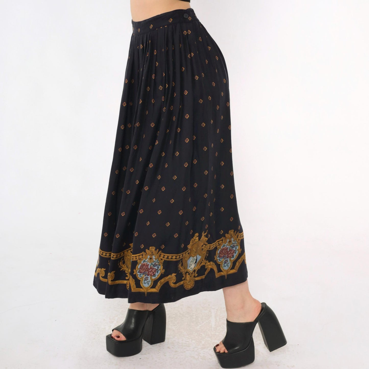 80s Chaus Navy Rayon Midi Skirt Baroque Cameo Print Elastic Waist Small