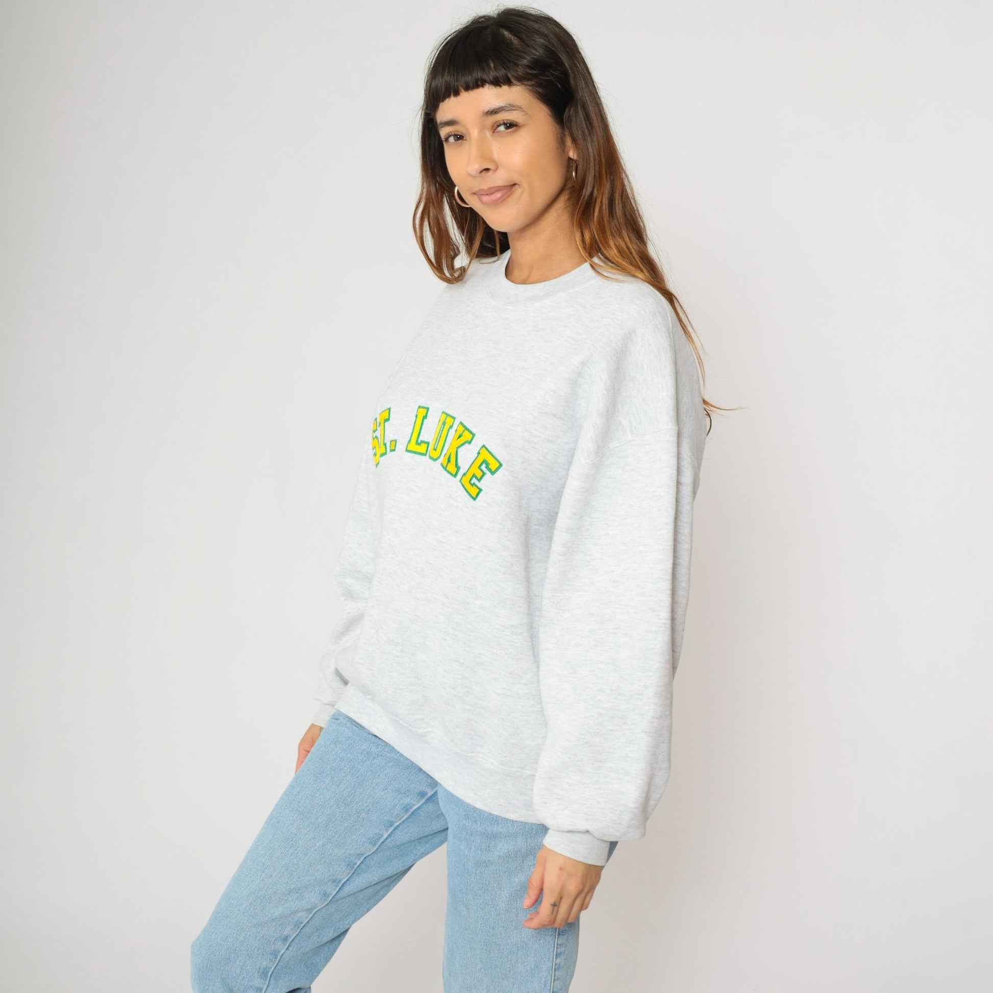 90s Jerzees St Luke Crewneck Sweatshirt Grey Stitched Letters Extra Large XL
