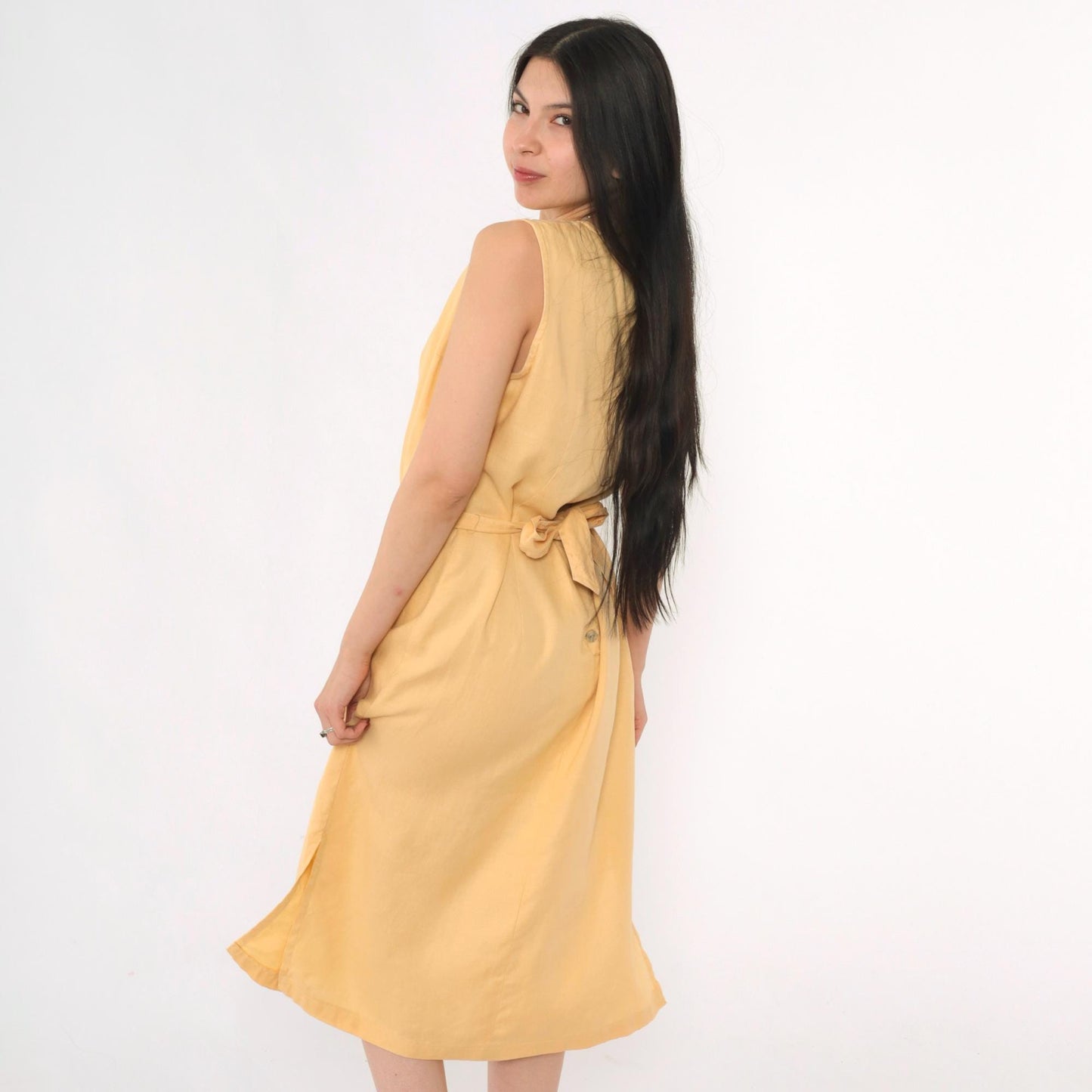 90s Rafaella Yellow Linen Midi Dress Button Back Sleeveless Medium 10